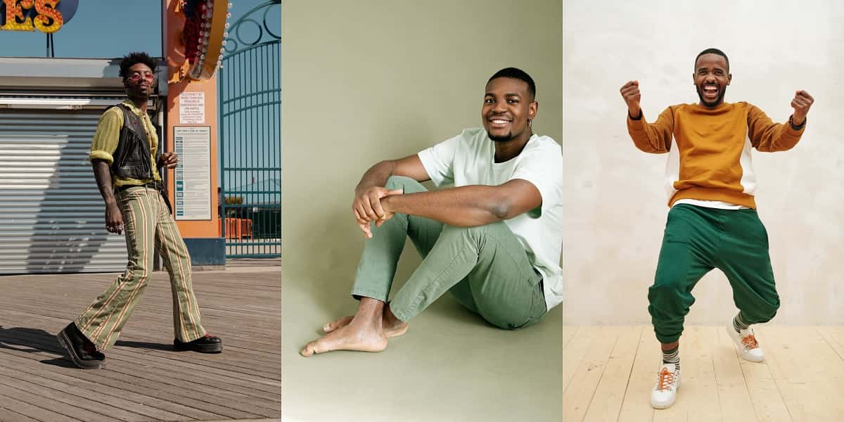 Three stylish men wearing olive green pant combination shirts and matching outfit ideas
