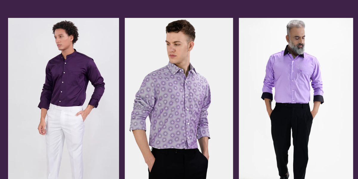 Three men wearing light, dark and printed purple shirt combination with pants