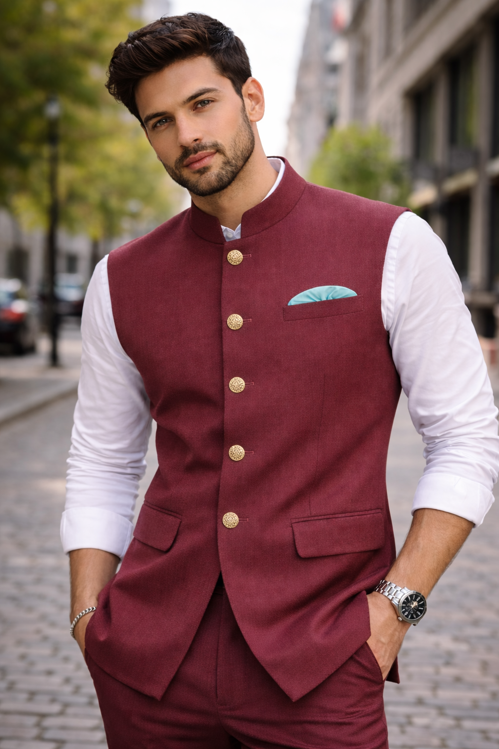 modi dress designer Maroon Jacket Coat With Kurta Maroon Colour Modi Jacket With Kurta Pajama For Mens modi jacket wedding occasion kurta pajama with jacket for wedding Color:Tiffany Blue Aidan Burnished Brown Men's group-DHD9764