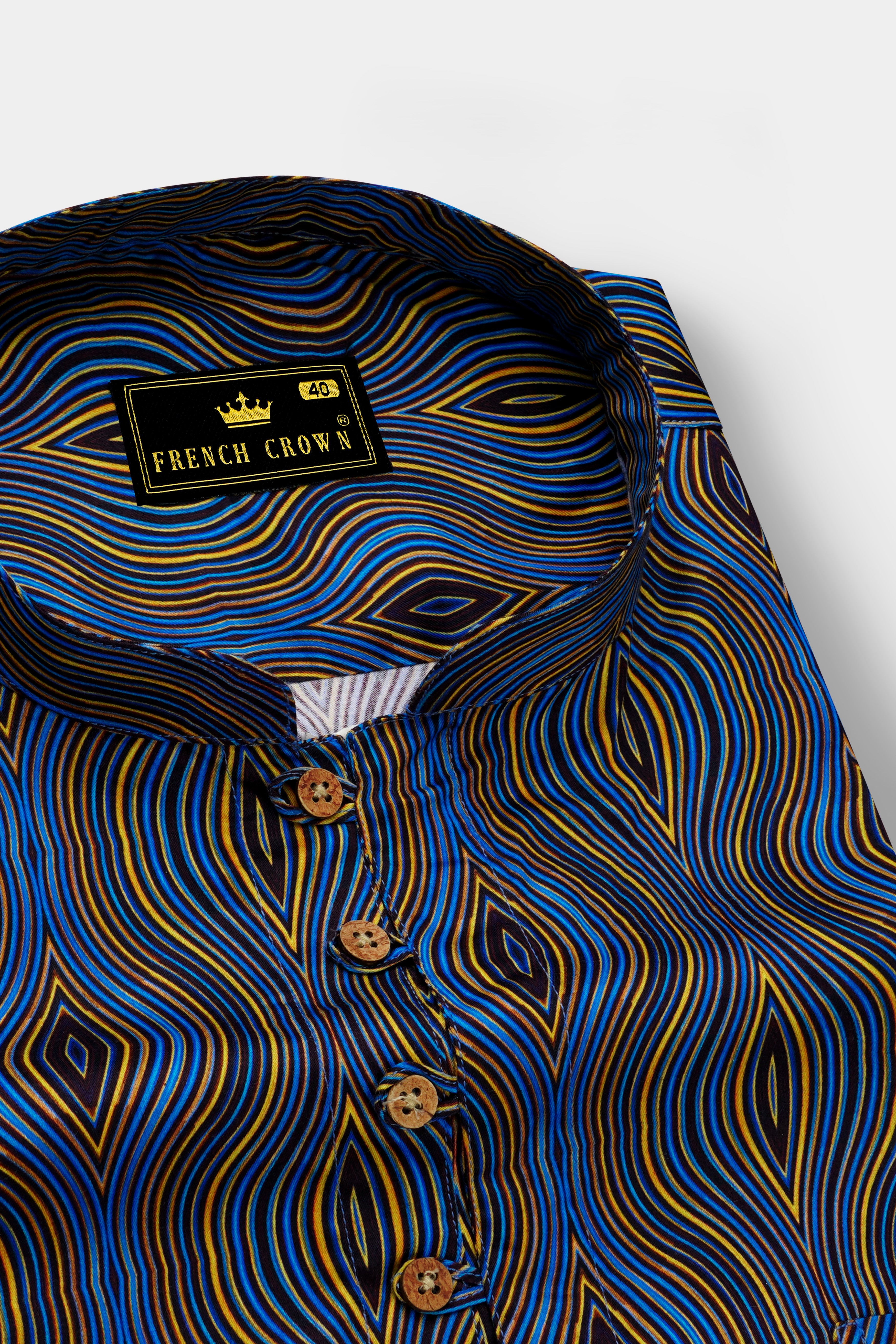 Mustard Yellow with Anakiwa Blue Illusion Printed Super Soft Premium Cotton Kurta Shirt