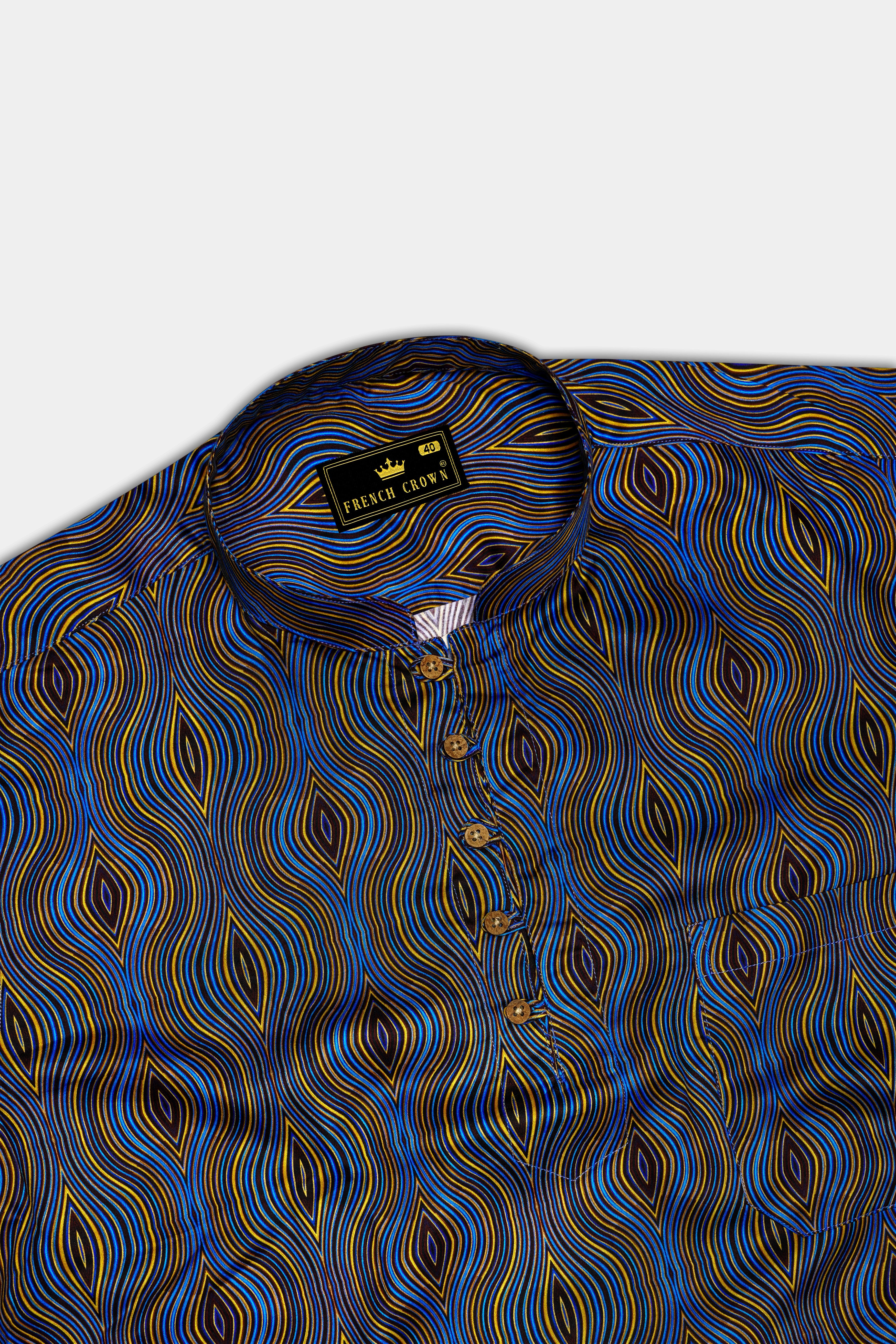 Mustard Yellow with Anakiwa Blue Illusion Printed Super Soft Premium Cotton Kurta Shirt