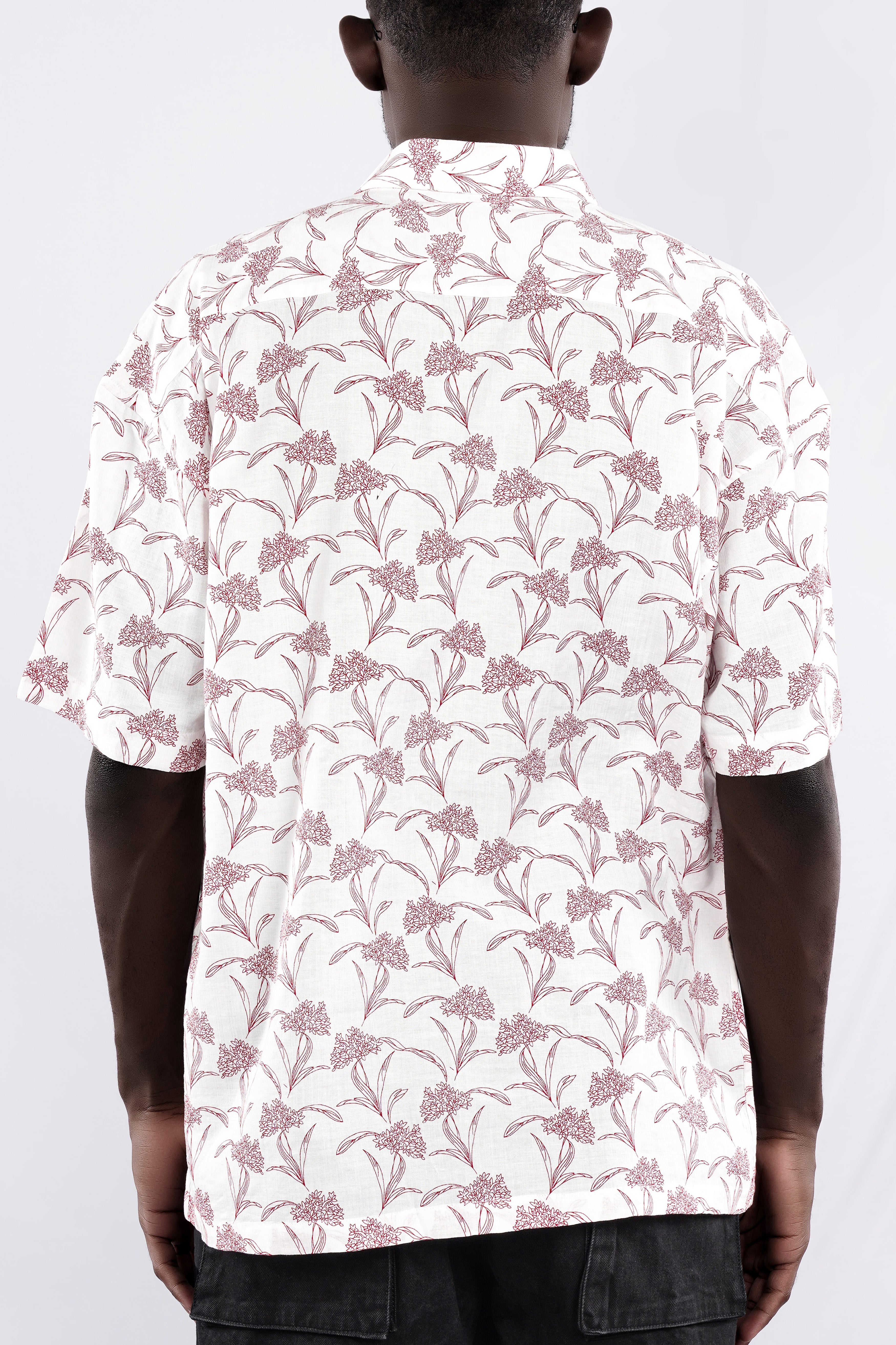 Bright White with Cordovan Maroon Floral Printed Lightweight Oversized Premium Cotton Shirt