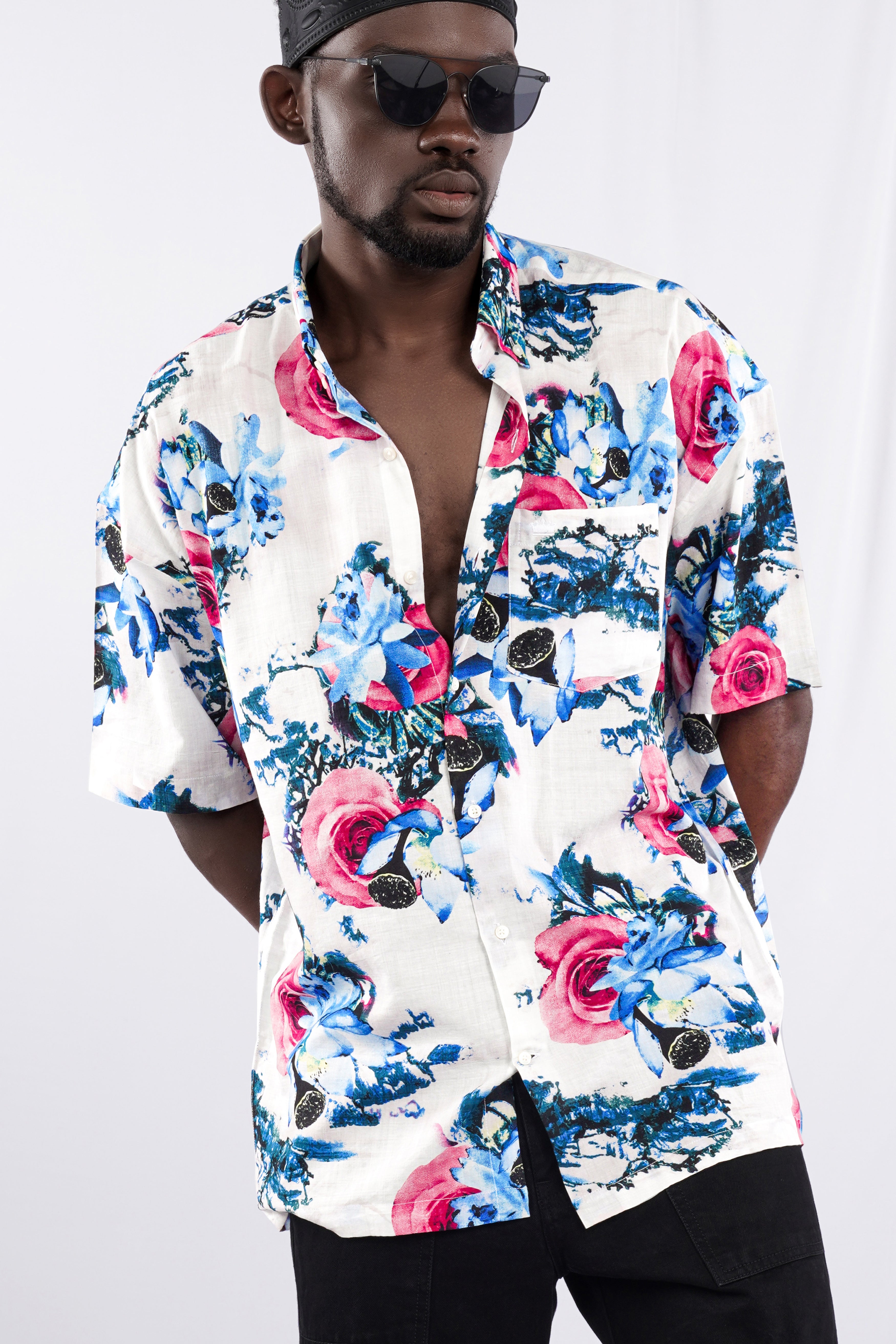Bright White with Moonstone Blue Rose Printed Lightweight Oversized Premium Cotton Shirt