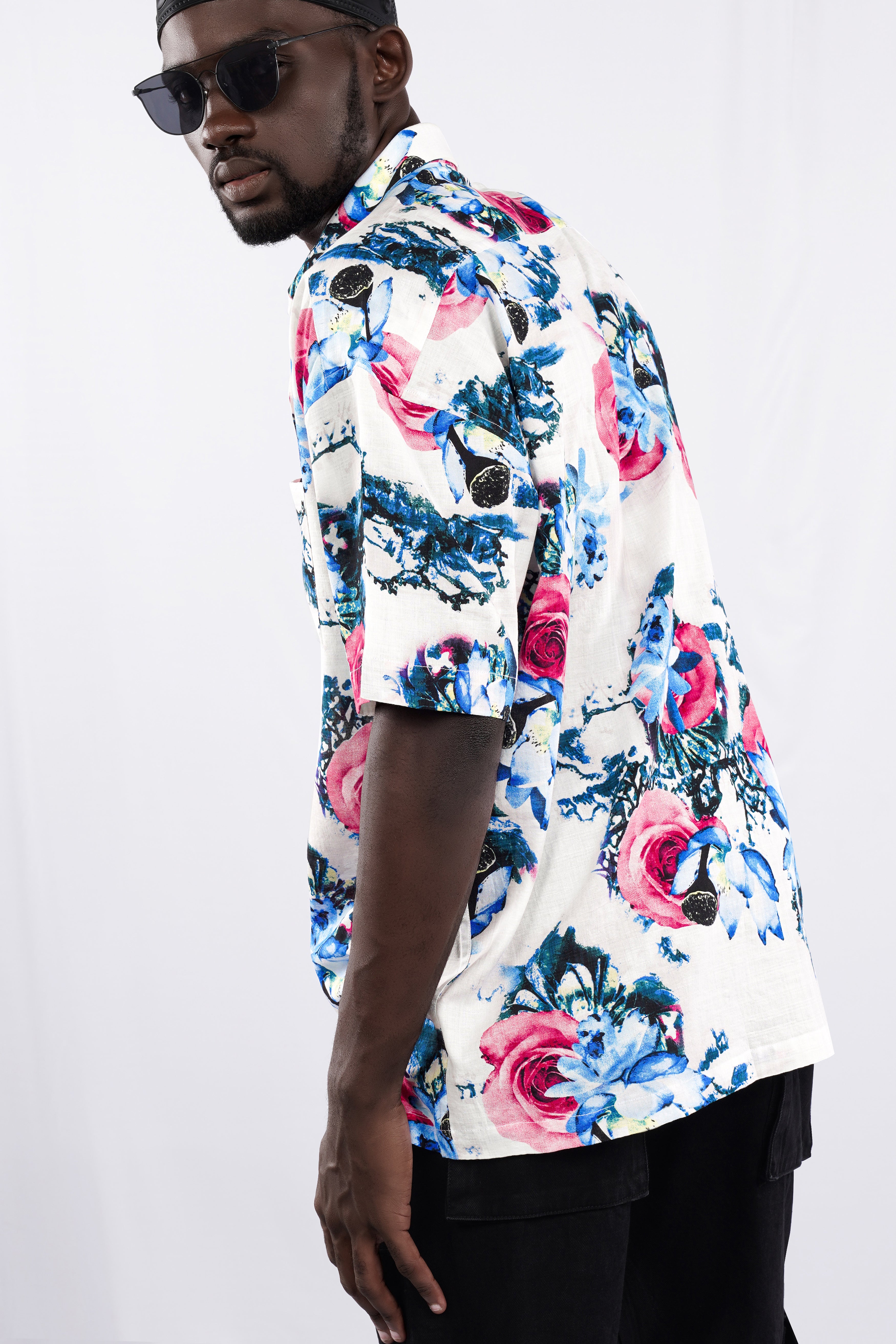 Bright White with Moonstone Blue Rose Printed Lightweight Oversized Premium Cotton Shirt