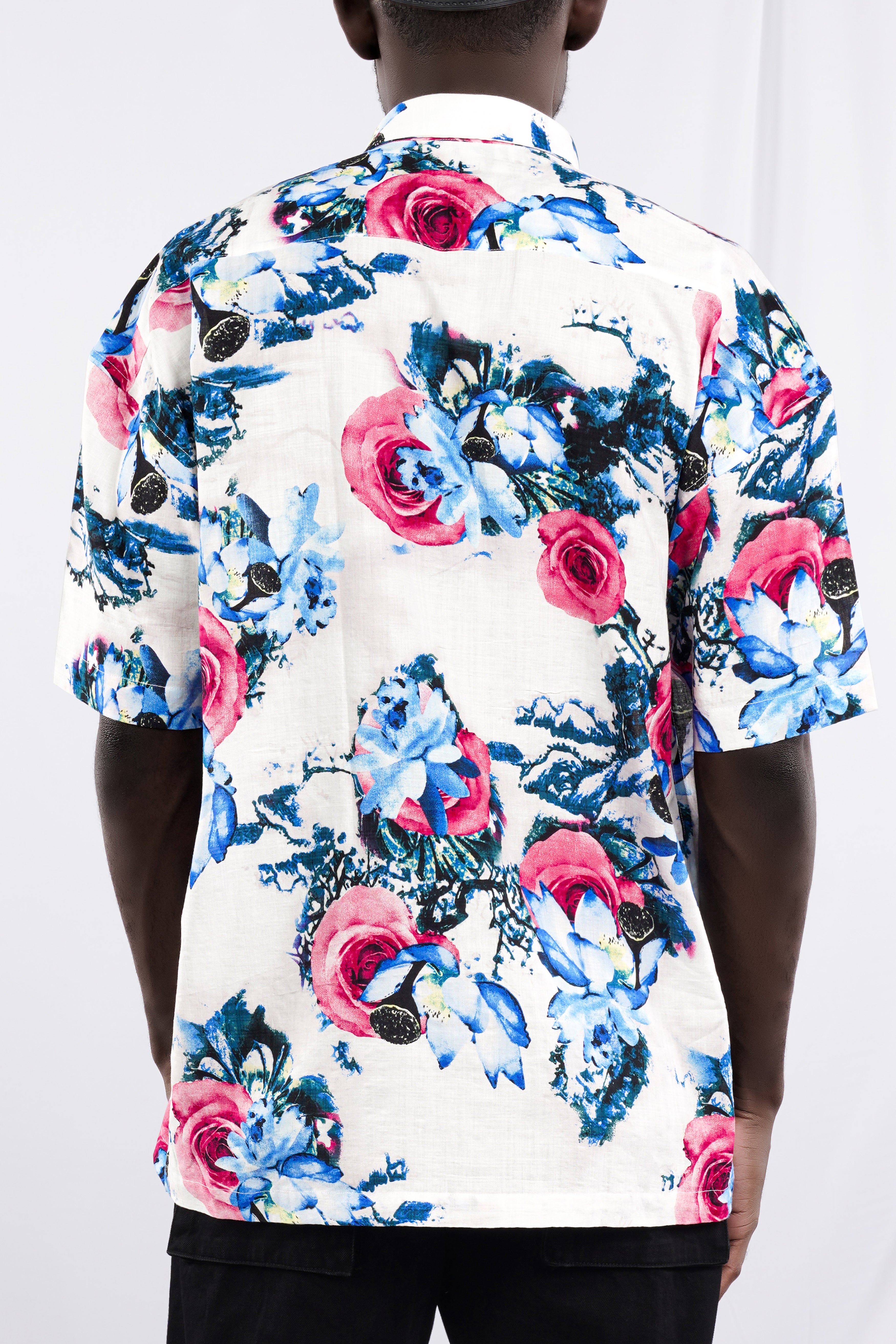 Bright White with Moonstone Blue Rose Printed Lightweight Oversized Premium Cotton Shirt