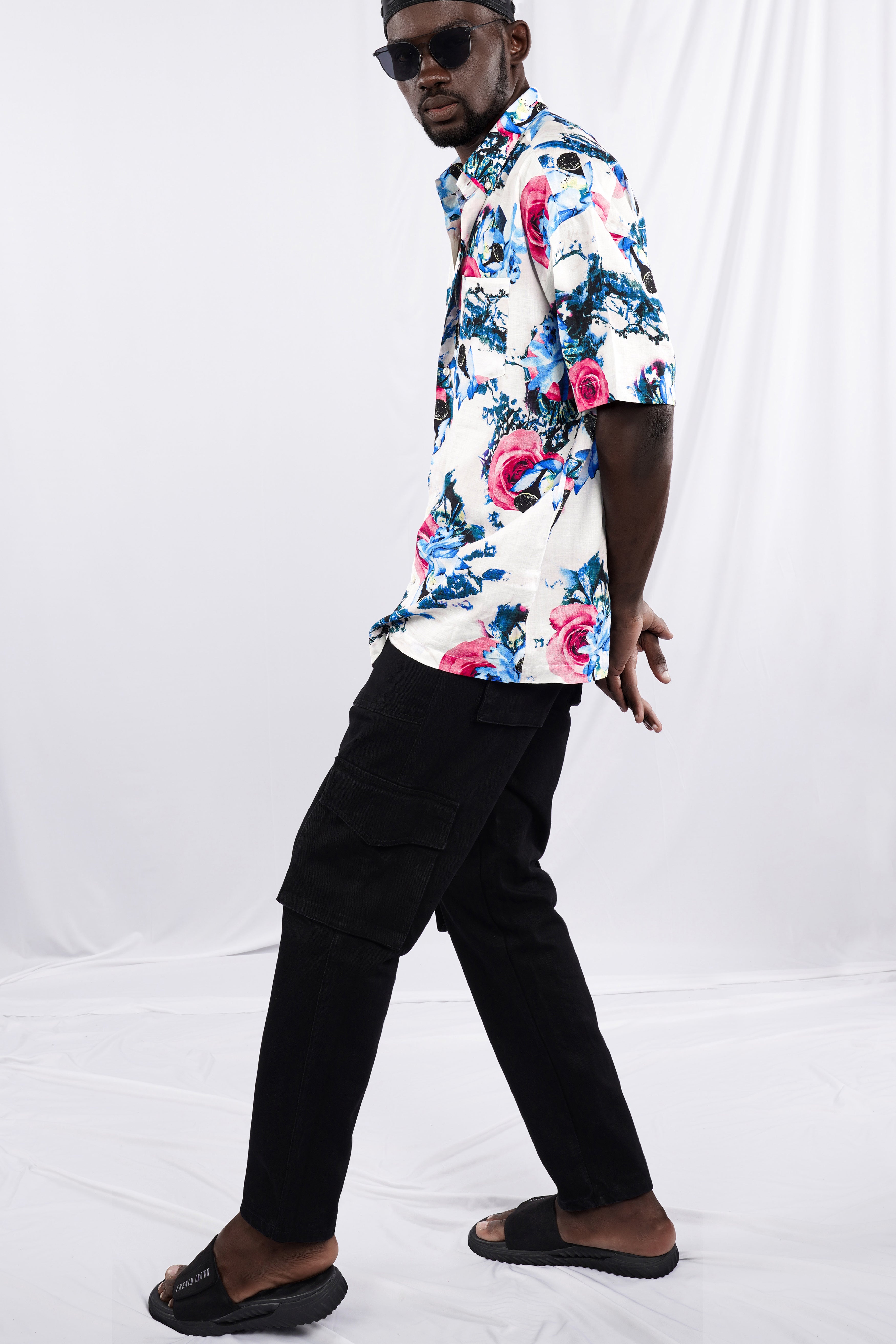 Bright White with Moonstone Blue Rose Printed Lightweight Oversized Premium Cotton Shirt