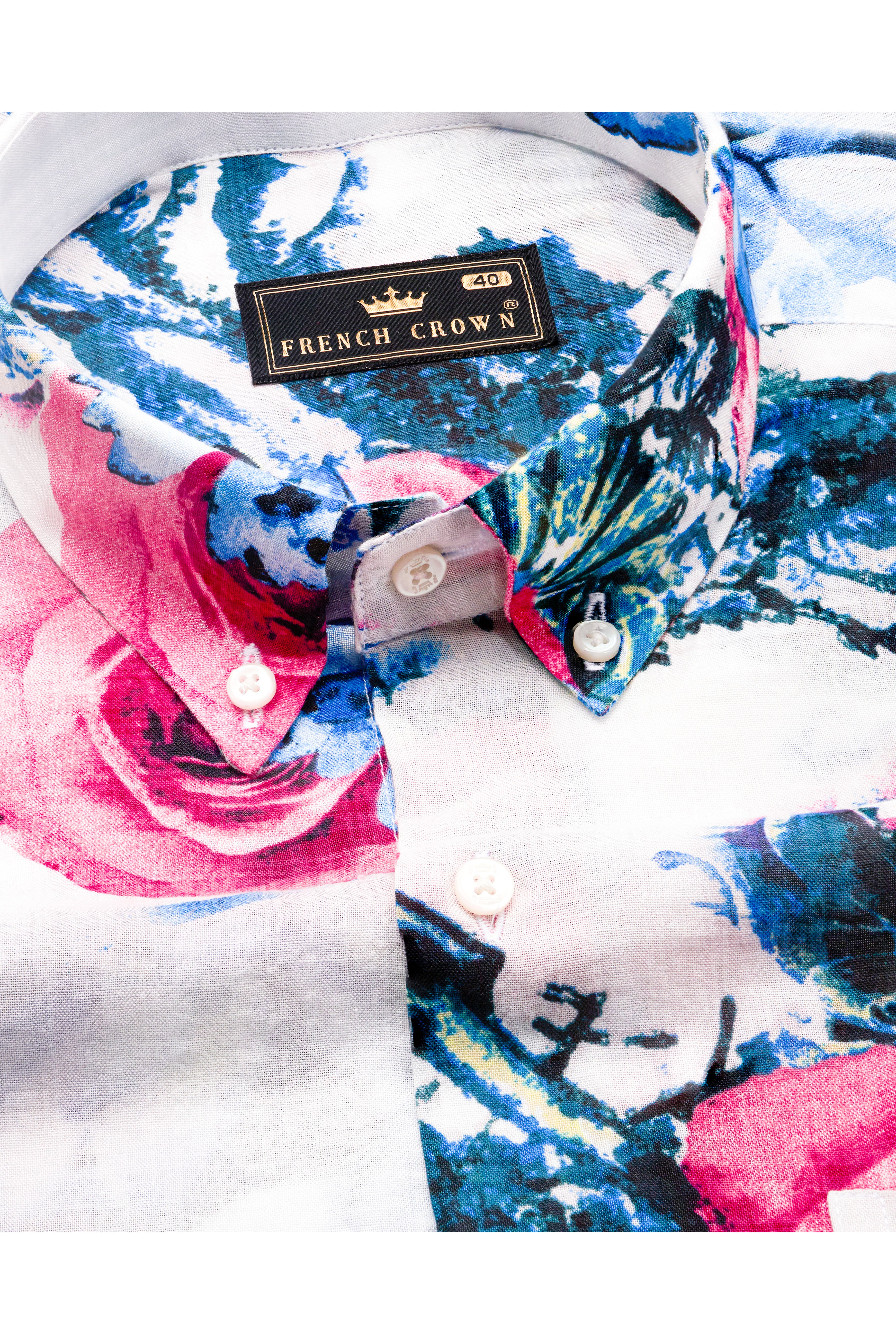 Bright White with Moonstone Blue Rose Printed Lightweight Oversized Premium Cotton Shirt