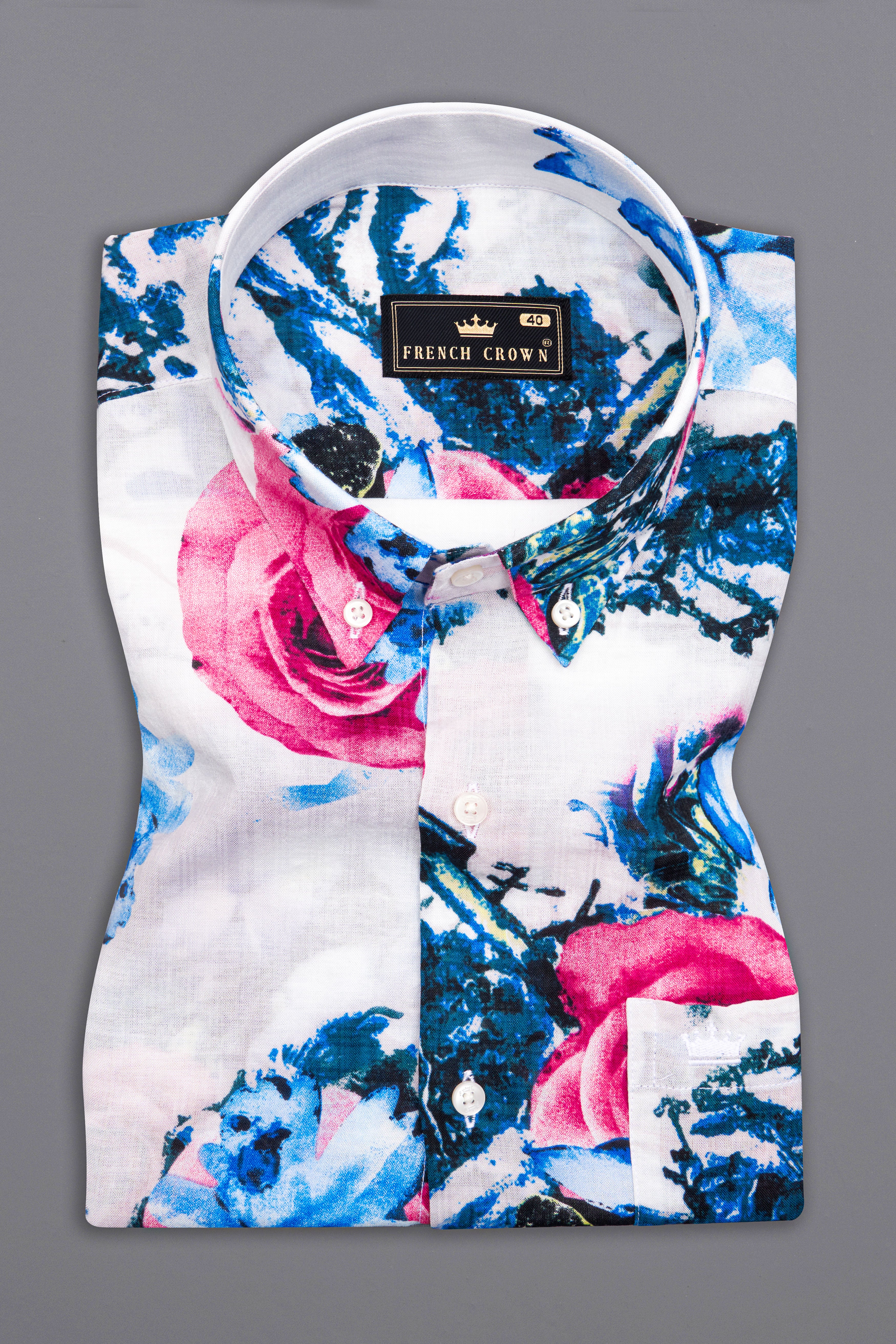 Bright White with Moonstone Blue Rose Printed Lightweight Oversized Premium Cotton Shirt