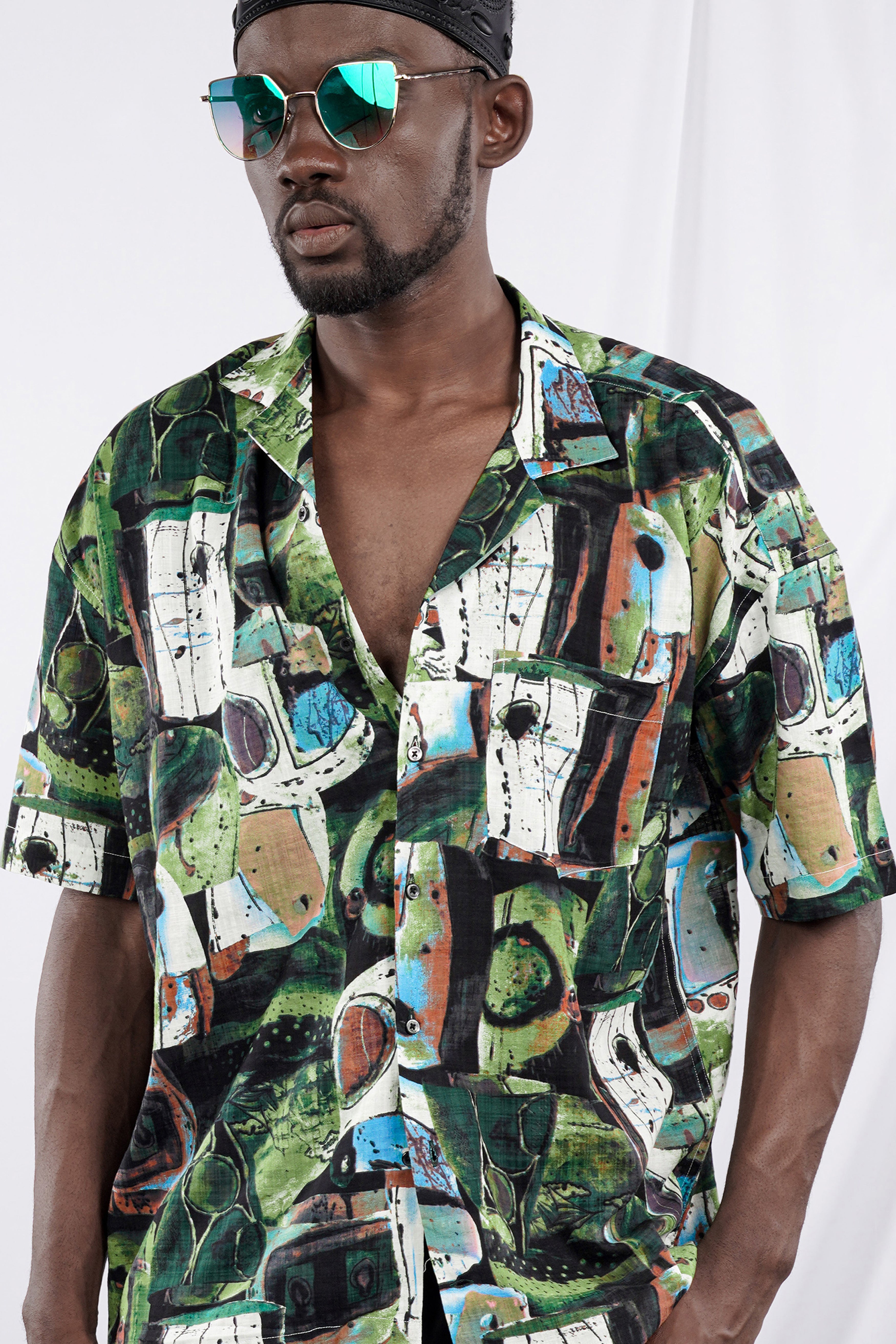 Moss Green and Clay Brown Abstract Printed Lightweight Oversized Premium Cotton Shirt