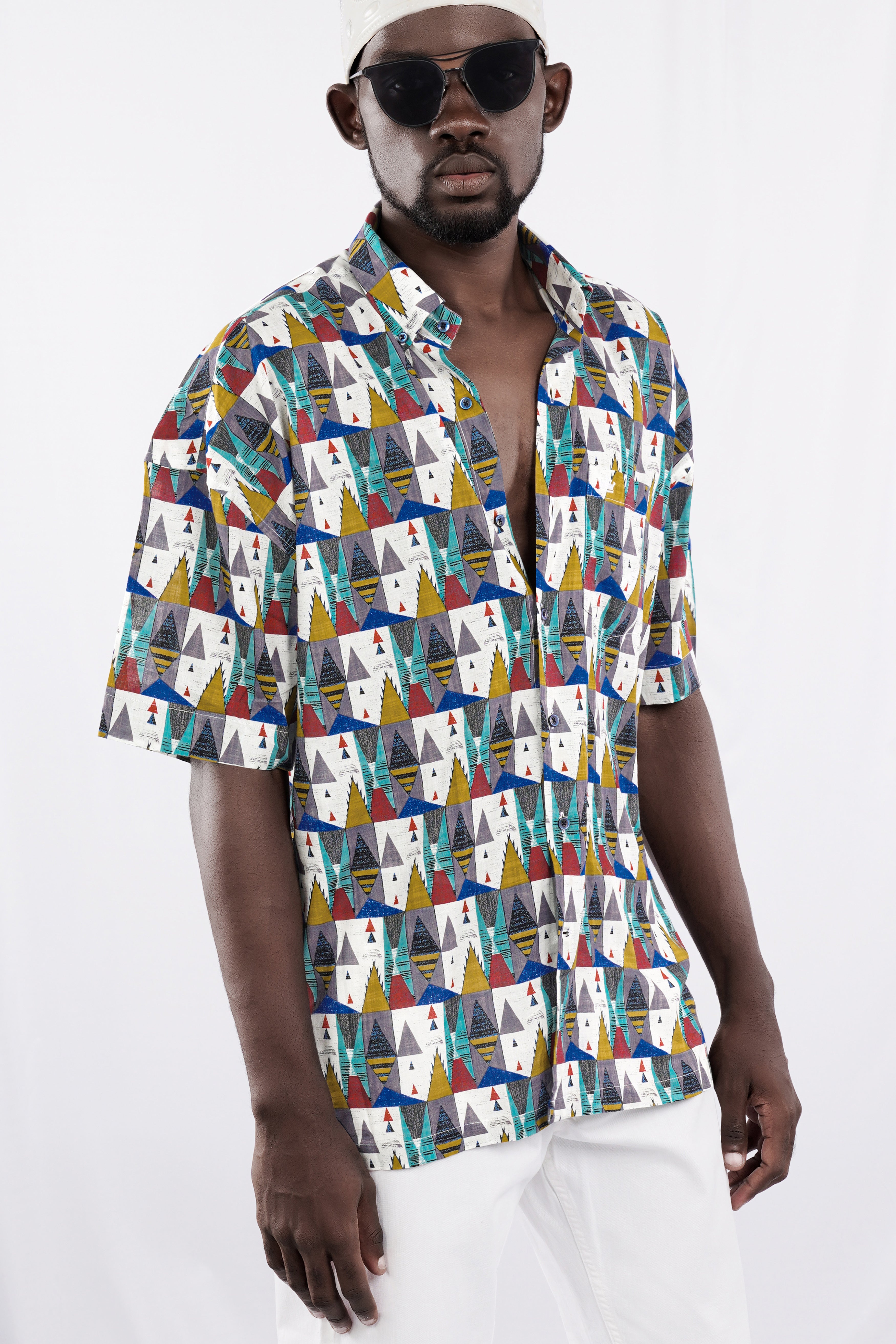 Bright White with Marigold Brown and Yale Blue Printed Lightweight Premium Cotton Oversized Shirt