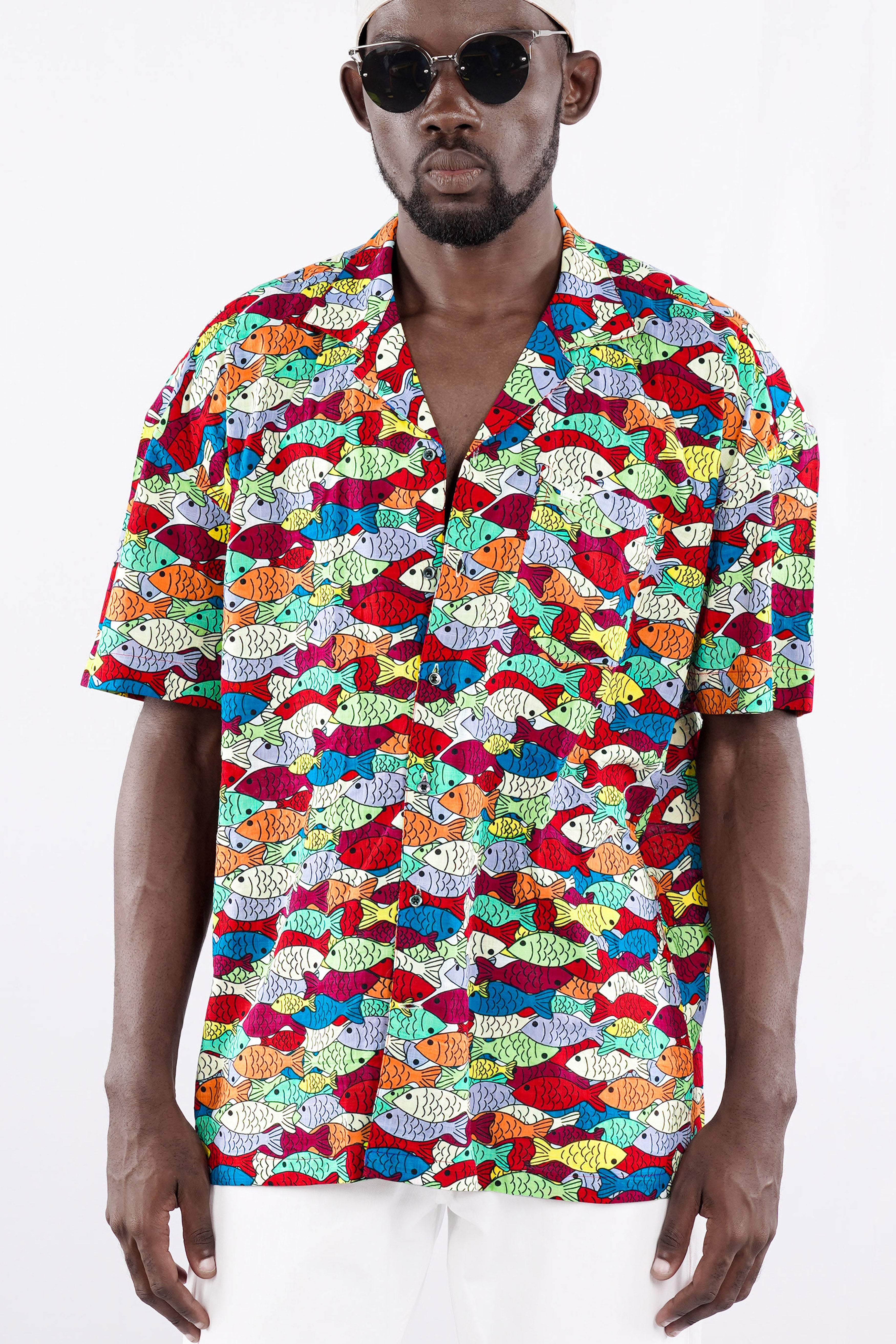 Feijoa Green with Claret Maroon Multicolour Fish Printed Lightweight Premium Cotton Oversized Shirt