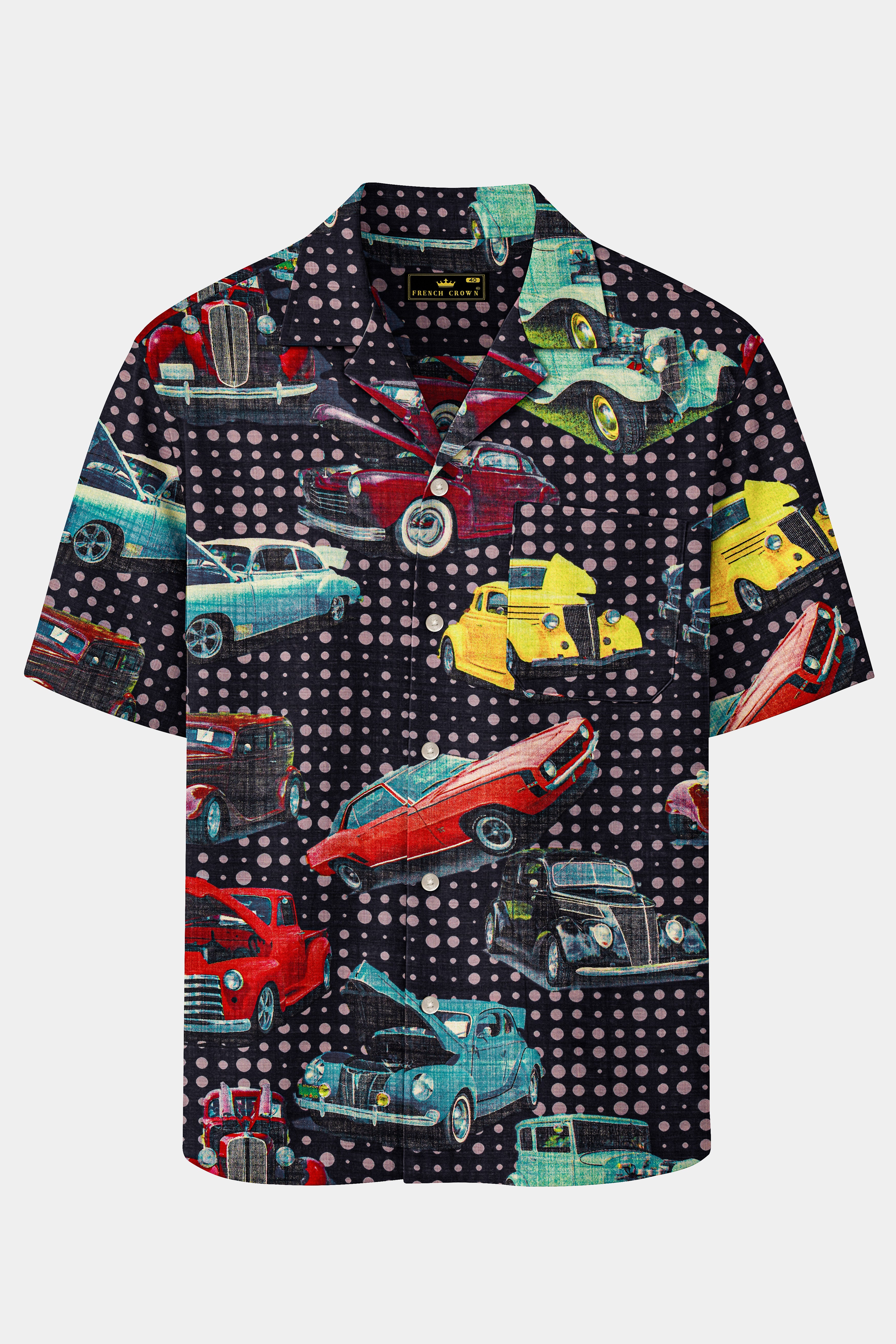 Cinder Blue Vintage Car Printed Lightweight Premium Cotton Oversized Shirt