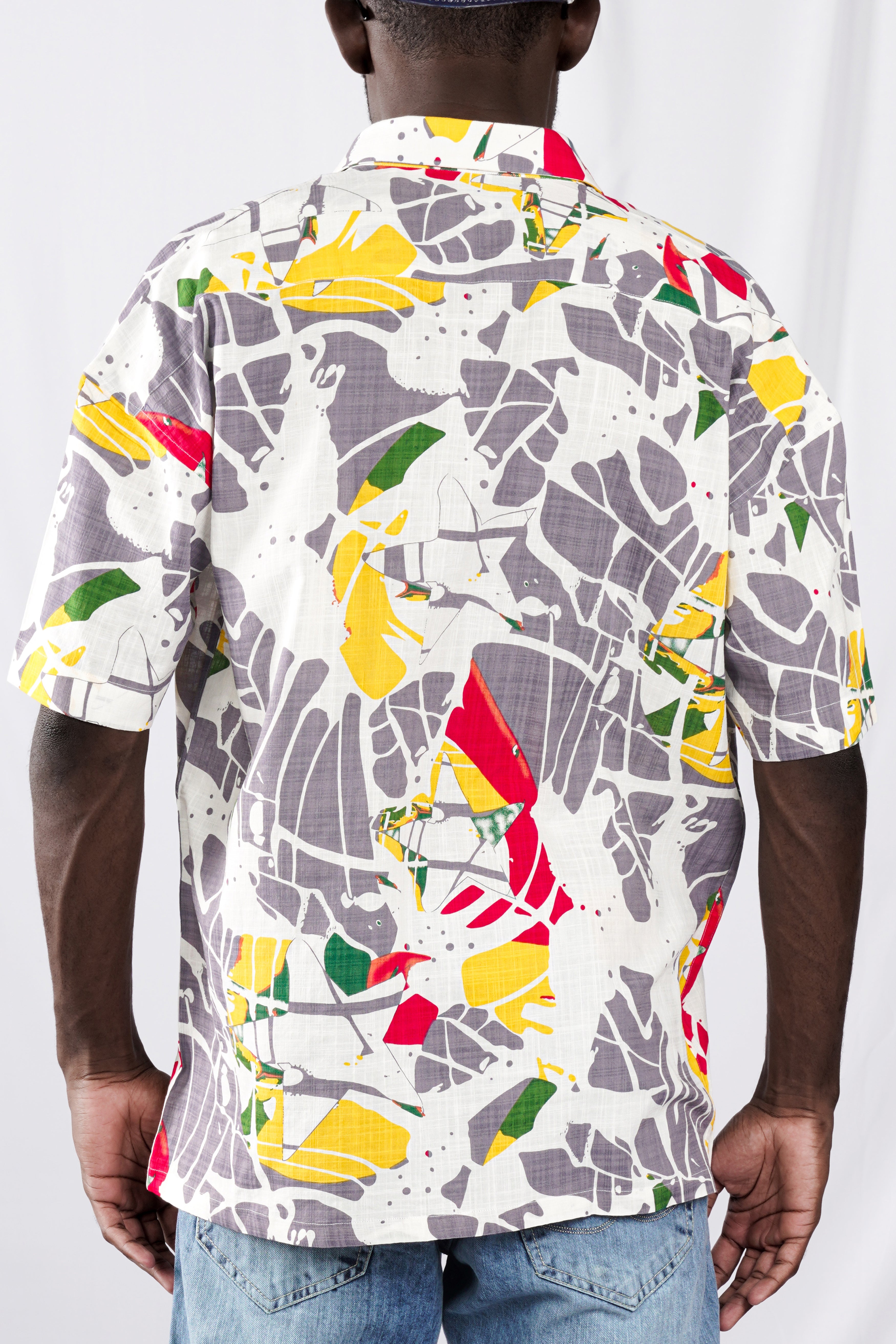Bright White and Mountbatten Gray Funky Printed Lightweight Premium Cotton Oversized Shirt
