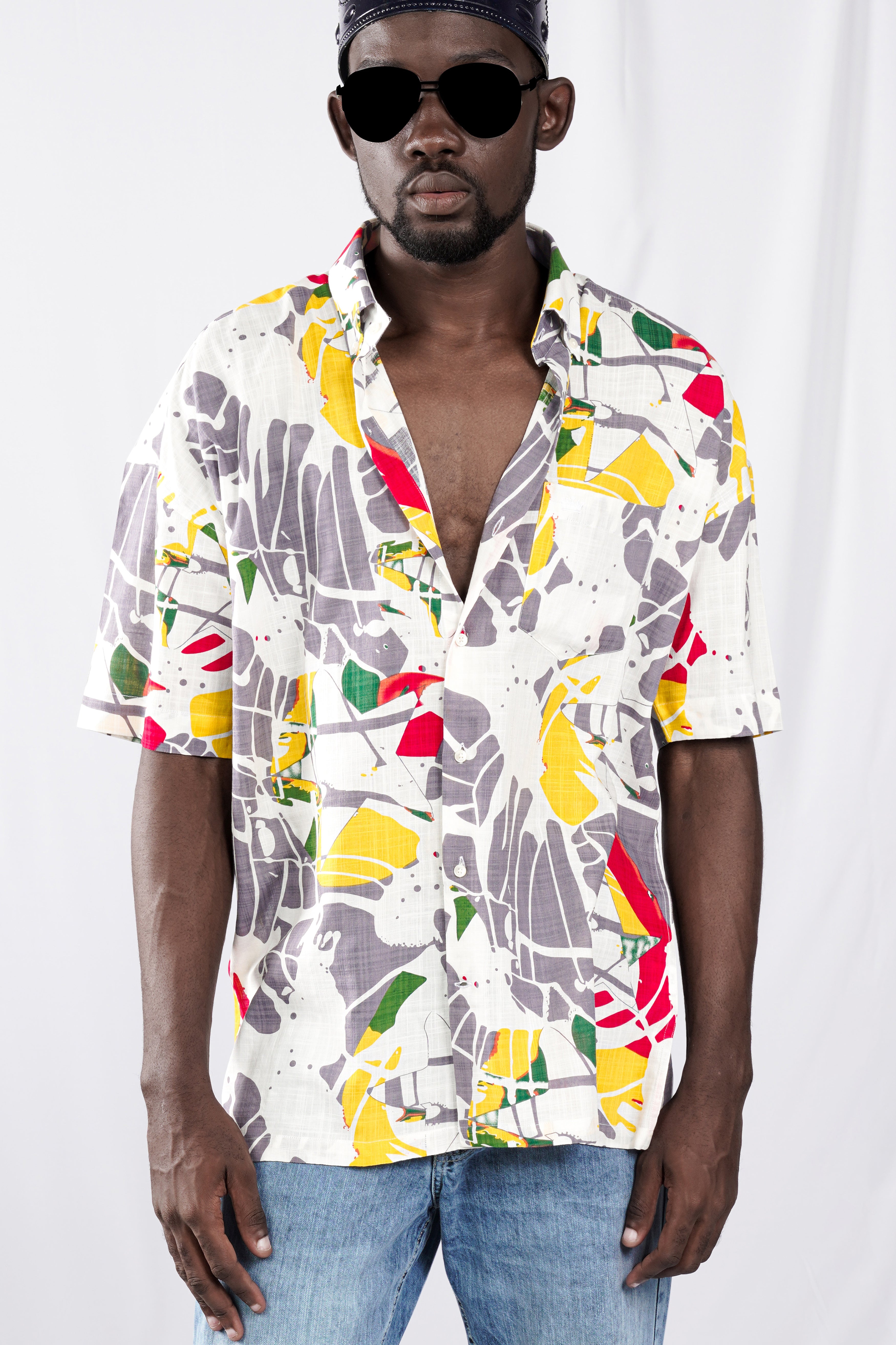 Bright White and Mountbatten Gray Funky Printed Lightweight Premium Cotton Oversized Shirt