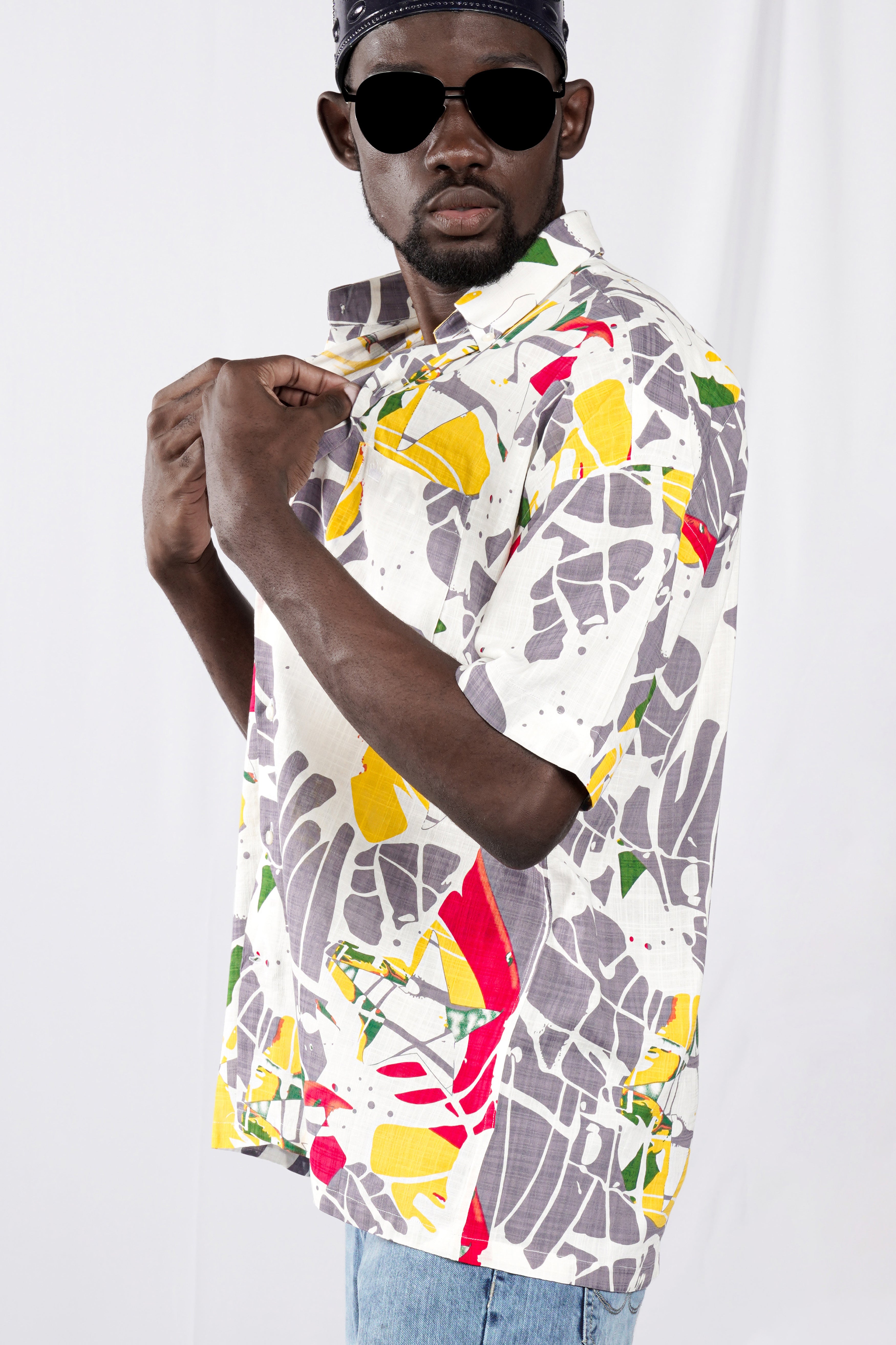 Bright White and Mountbatten Gray Funky Printed Lightweight Premium Cotton Oversized Shirt