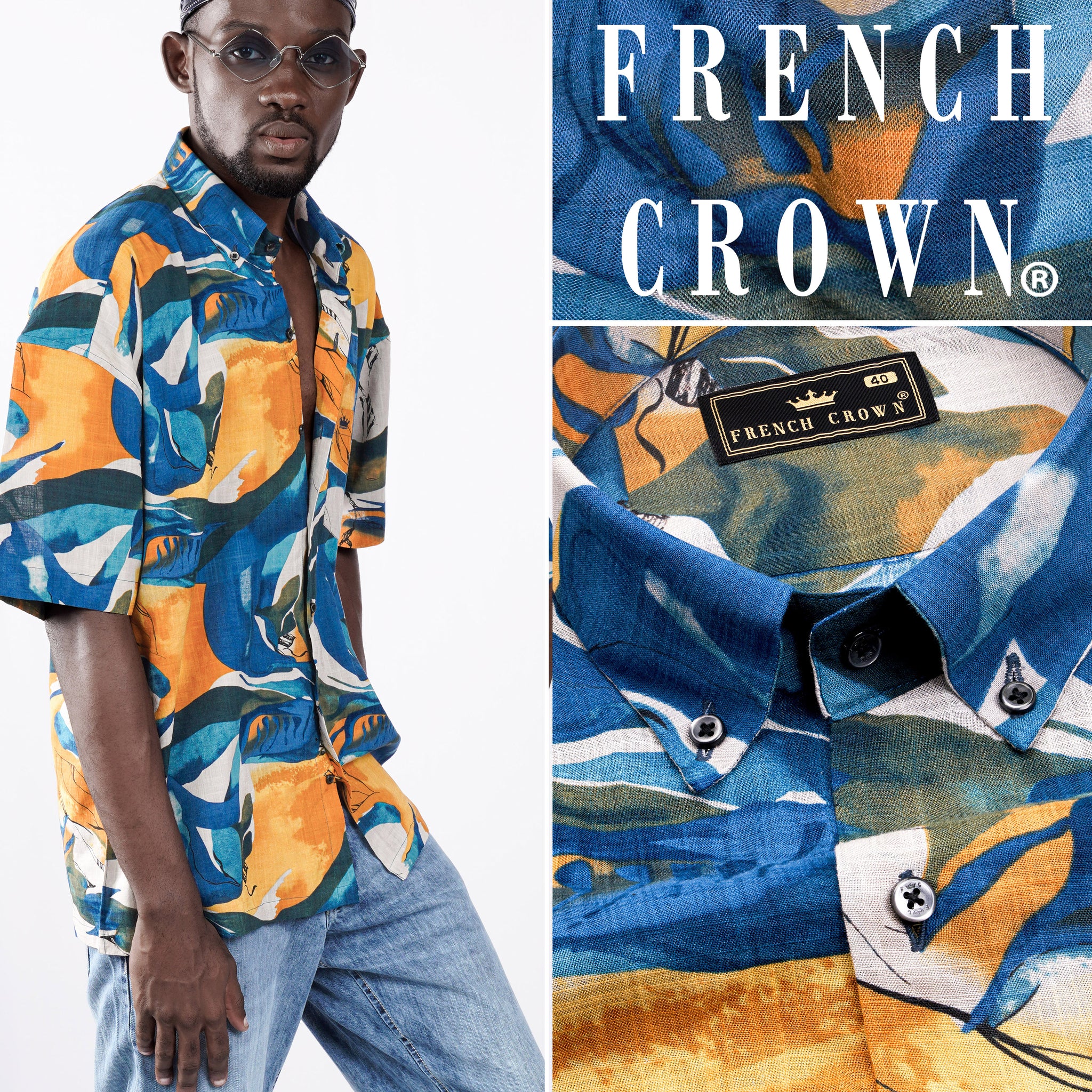 Saffron with Cobalt Blue Formal/Casual Prints Premium Cotton Button