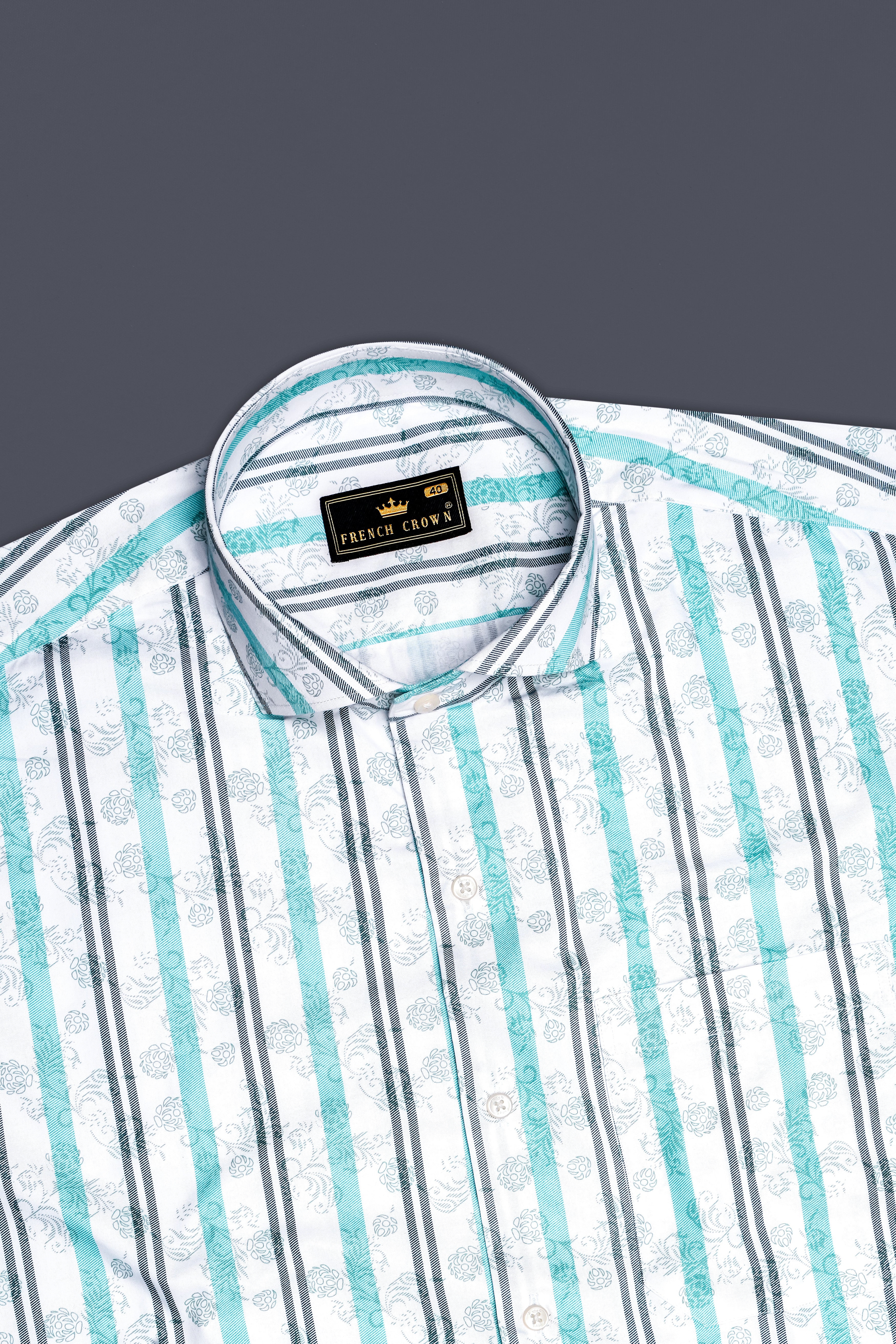 Bright White with Bluish and Celeste Gray Striped Chambray Shirt