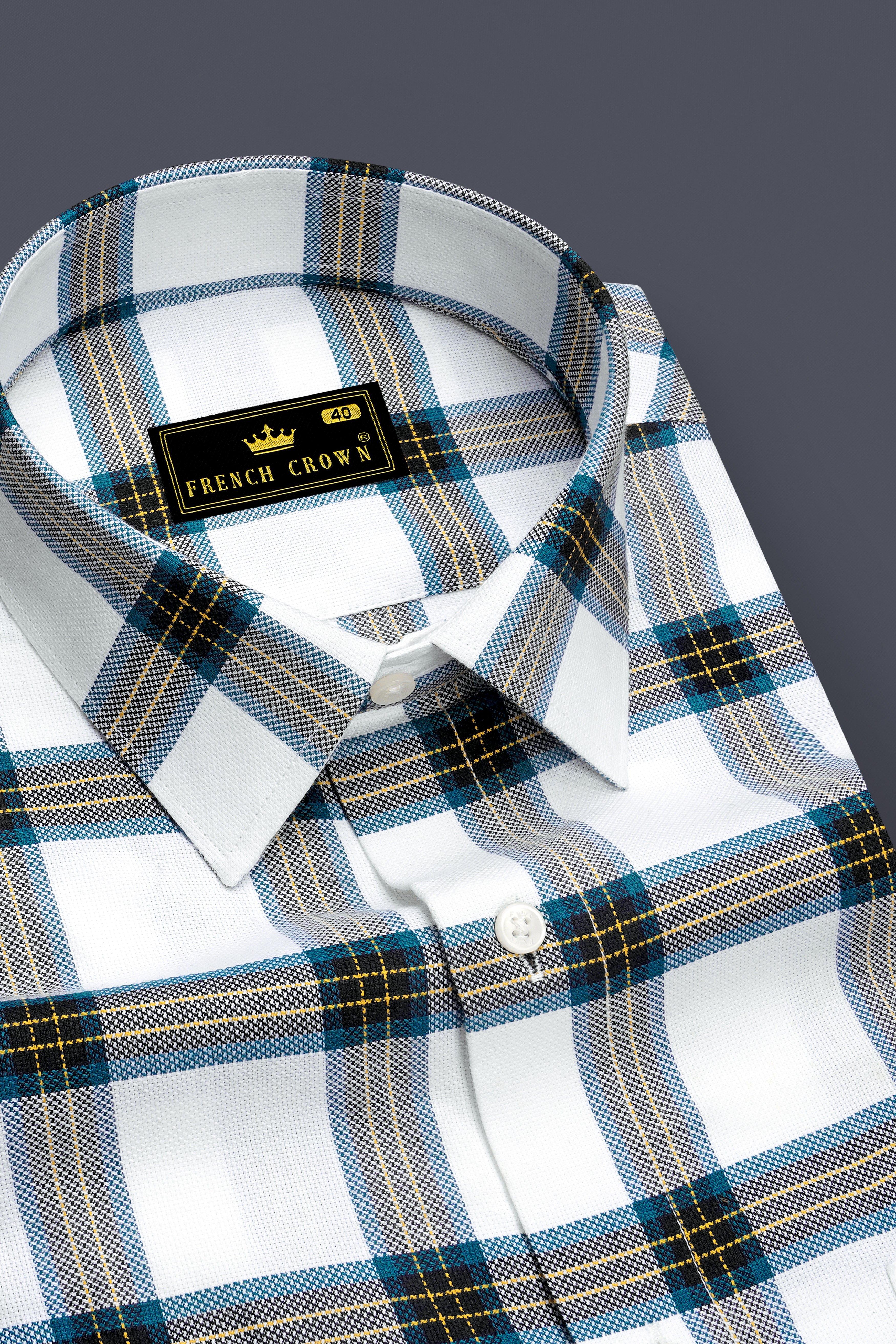 Bright White with Corn Yellow Checkered Dobby Textured Premium Giza Cotton Shirt