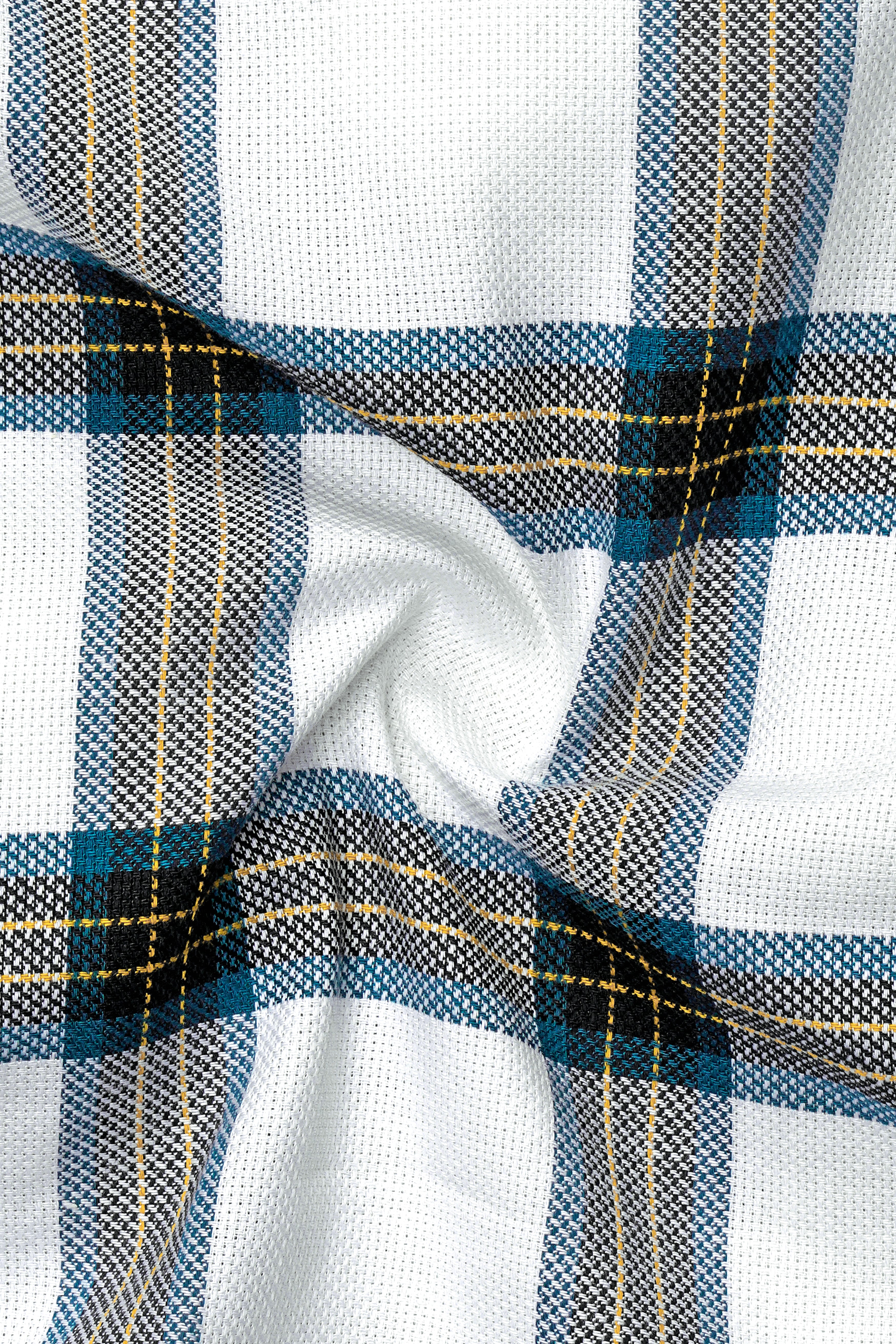 Bright White with Corn Yellow Checkered Dobby Textured Premium Giza Cotton Shirt