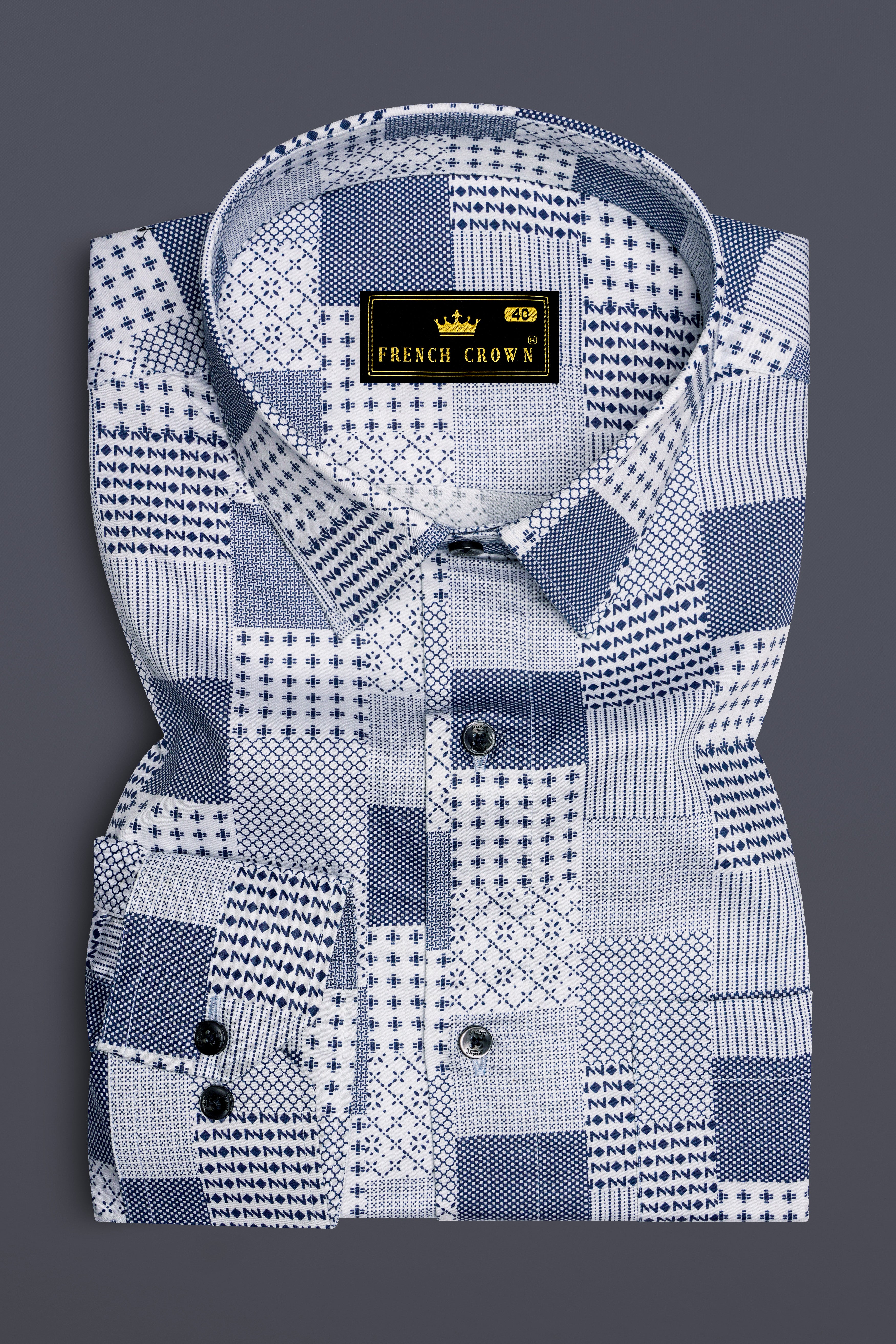 Bright White with Bluewood Blue Square Printed Super Soft Premium Cotton Shirts