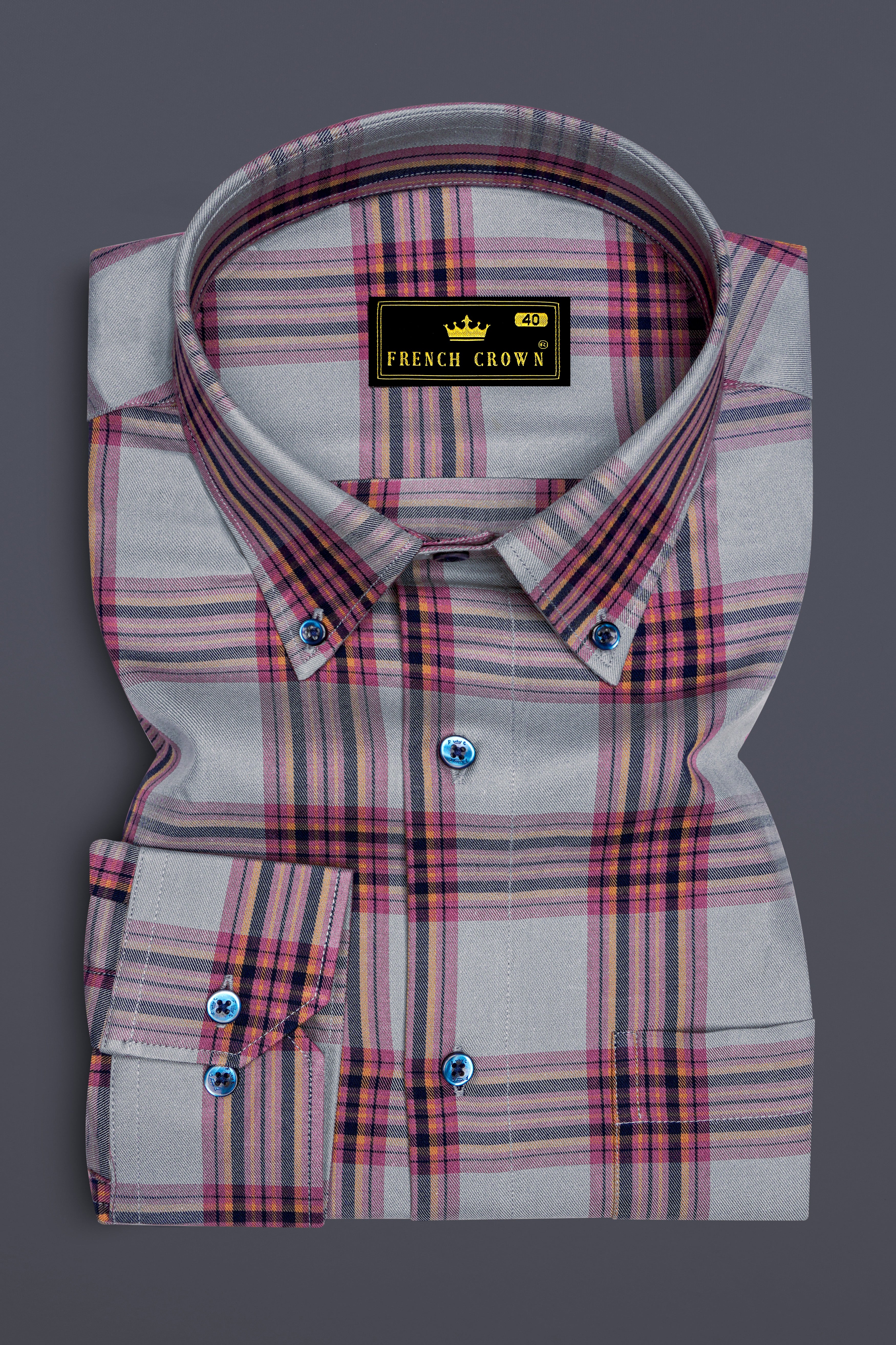 Lauguid Gray with Fuchsia Pink Twill Plaid Premium Cotton Shirt