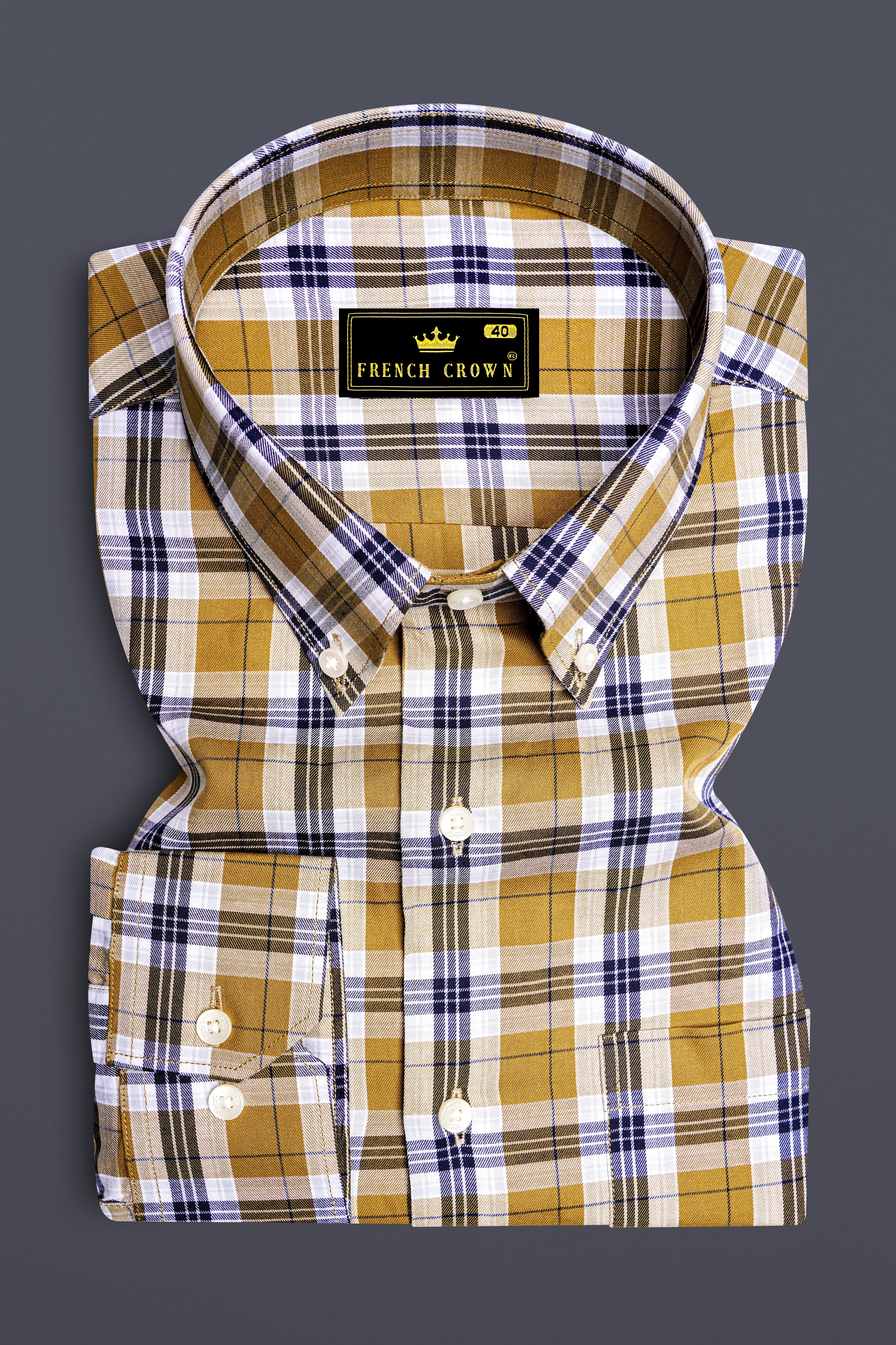 Driftwood Brown and Haiti Blue Twill Checkered Premium Cotton Shirt