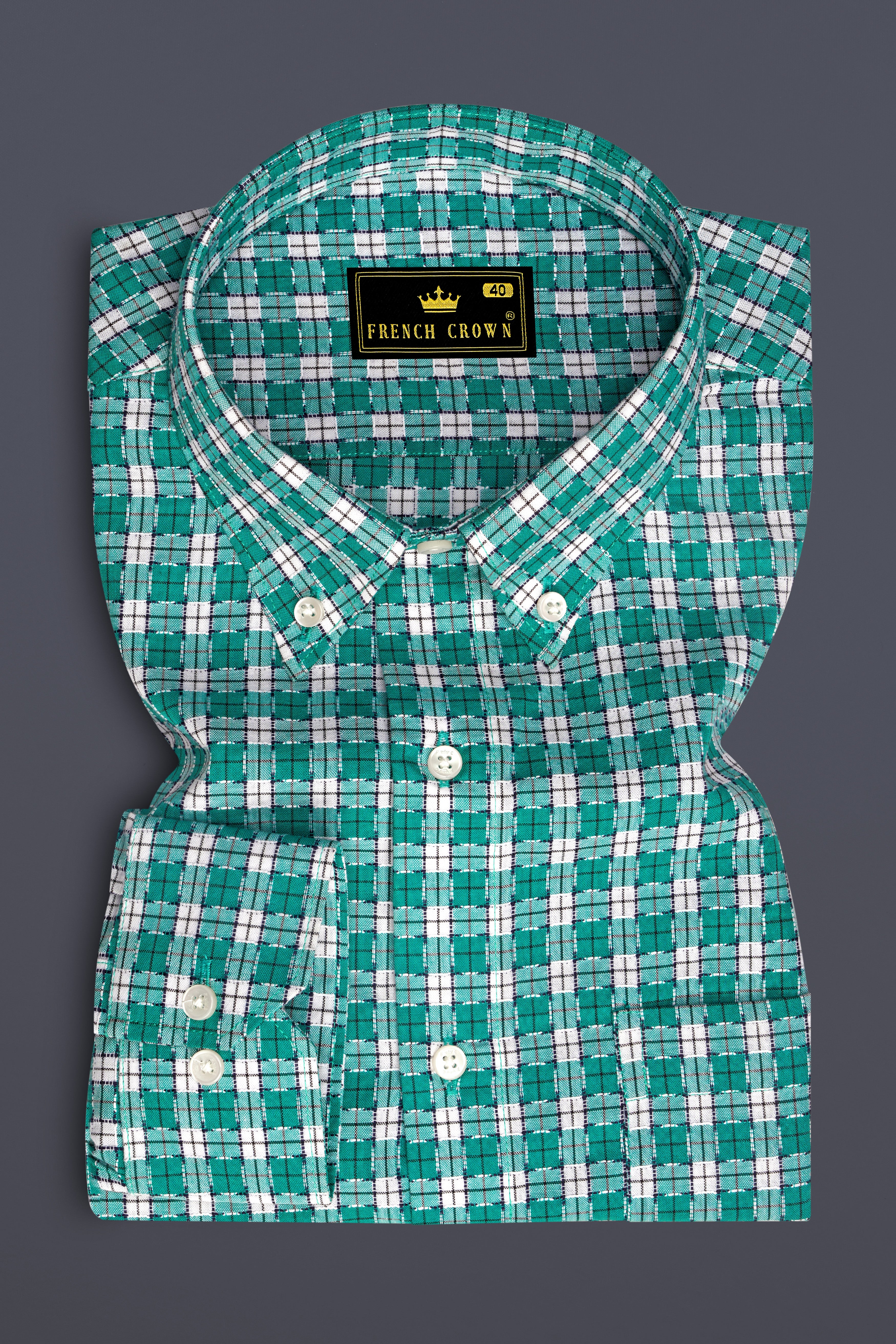 Gossamer Green and White Checkered Dobby Textured Premium Giza Cotton Shirt