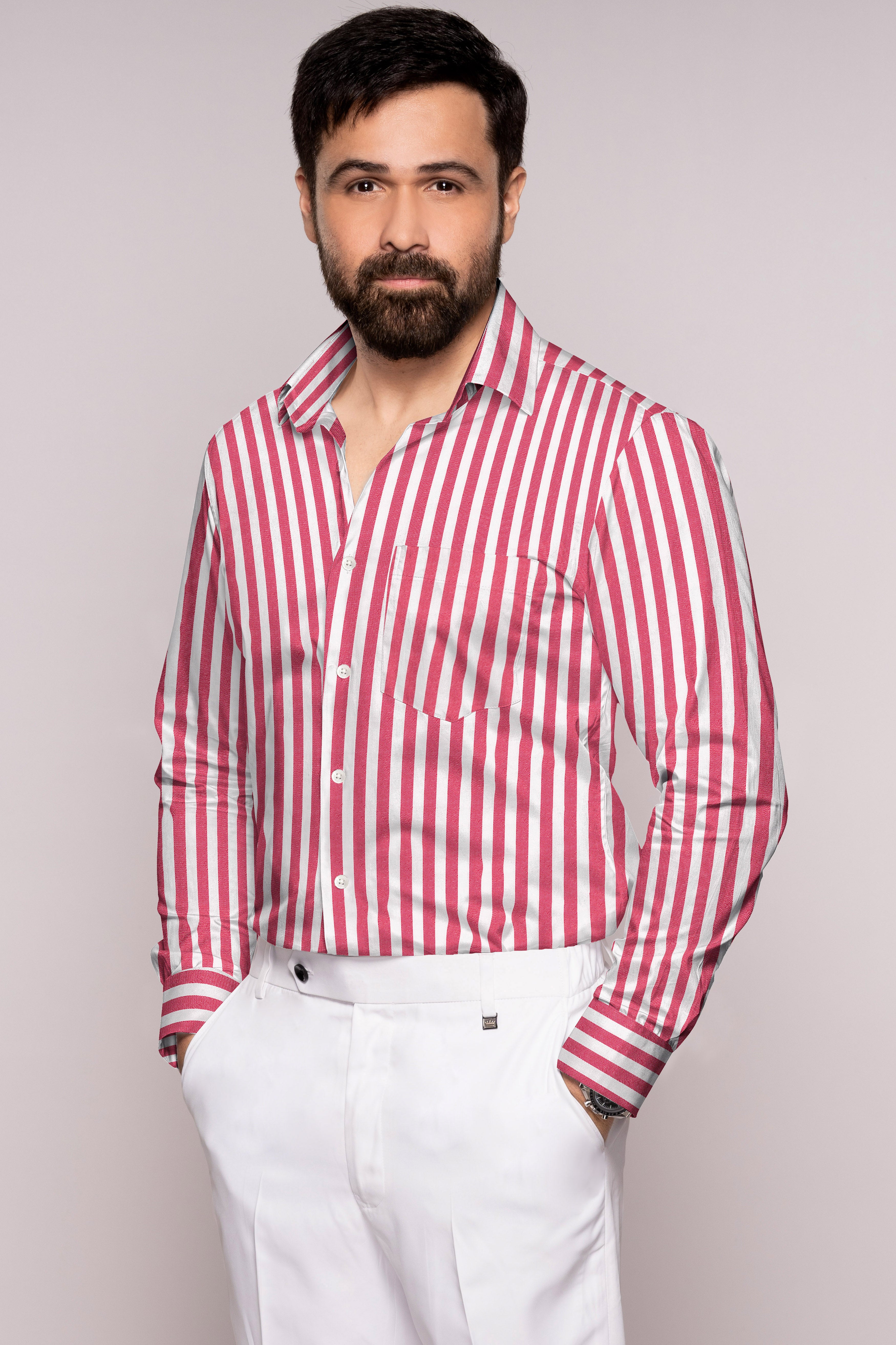 Chestnut Rose Pink and White Twill Striped Premium Cotton Shirt