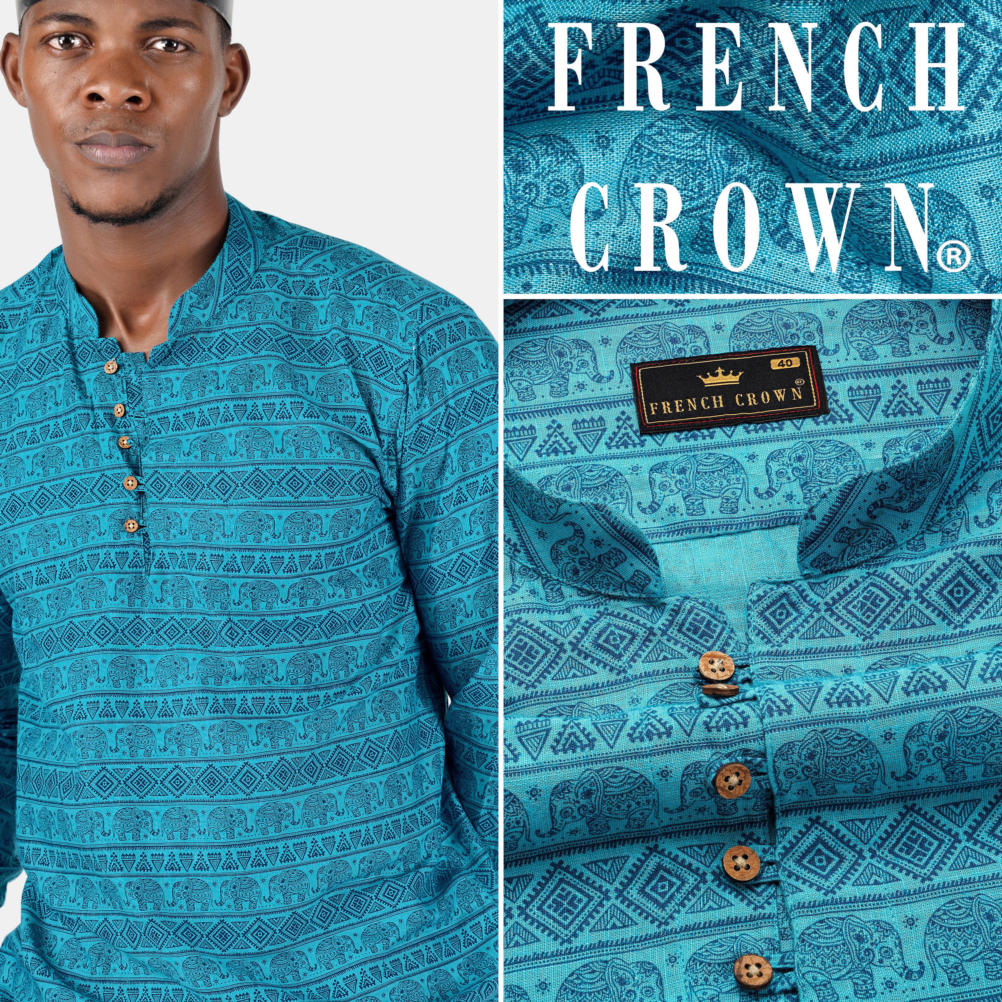 Turquoise Aqua Blue Tribal Printed Luxurious Linen Kurta Shirt