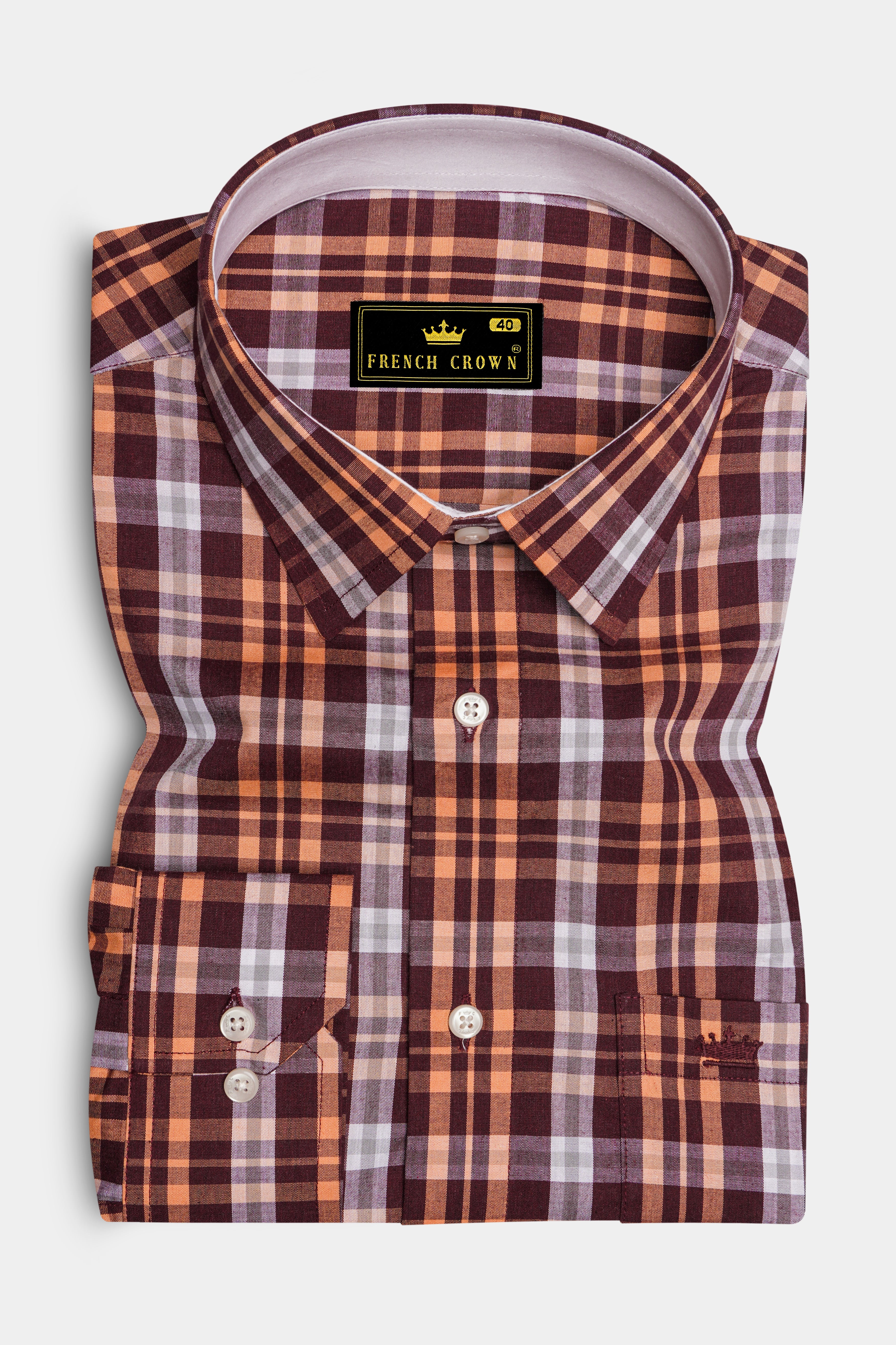 Claret Maroon with Tumbleweed Beige Checkered Premium Cotton Shirt