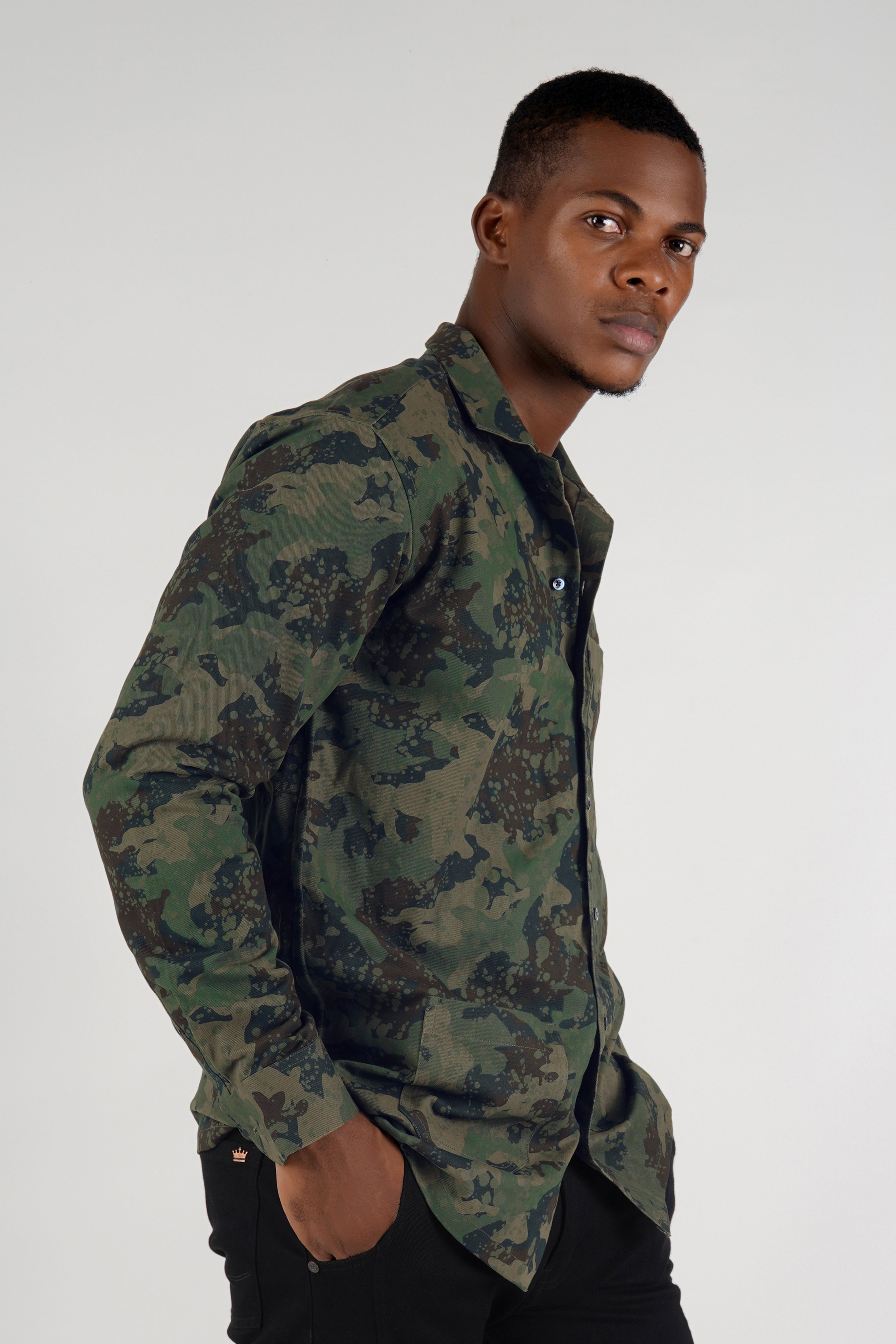 Wenge Brown with Lunar Green Camouflage Twill Premium Cotton Designer Shirt