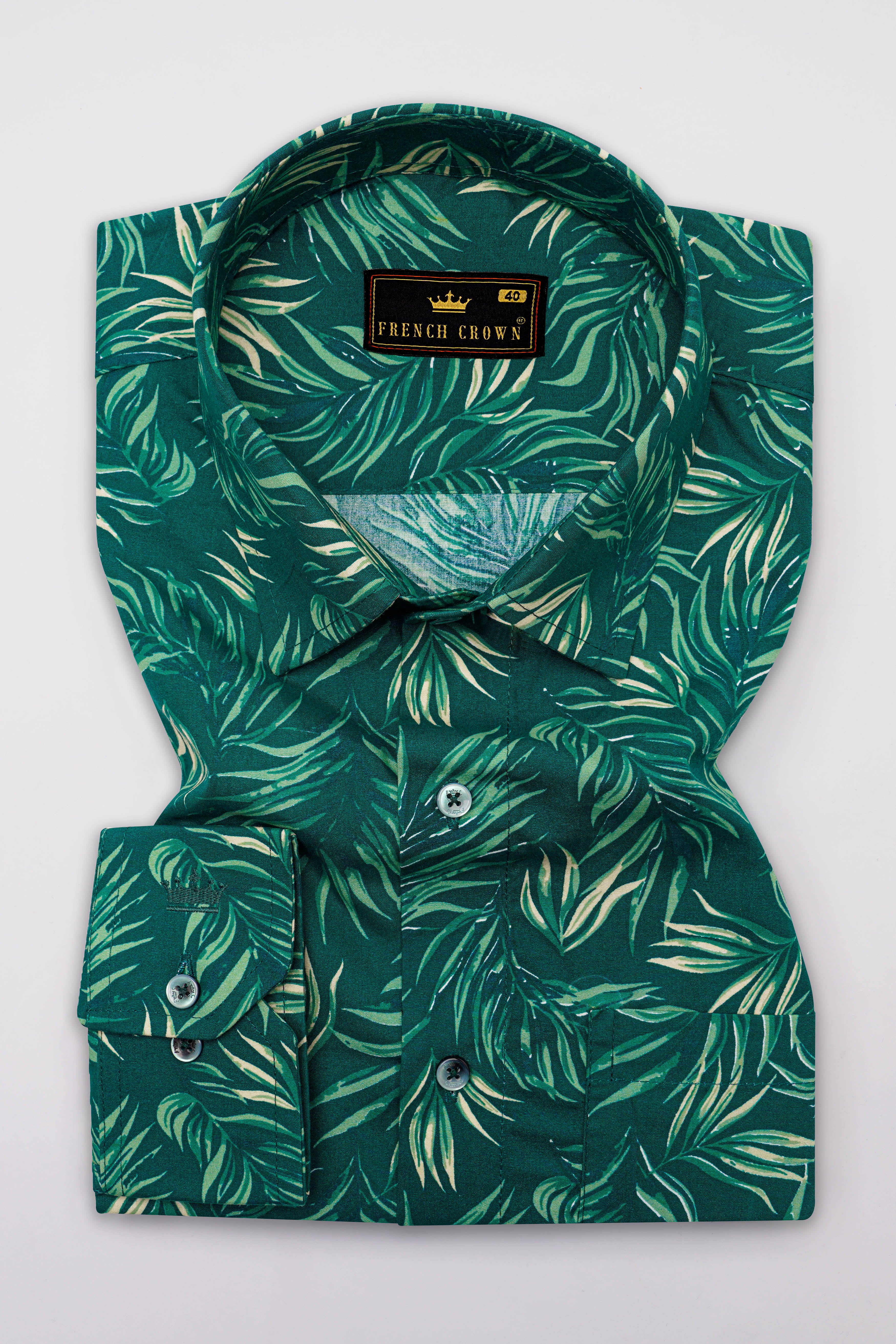 Cyprus Green with Multicolored Leaves Printed Premium Cotton Shirt