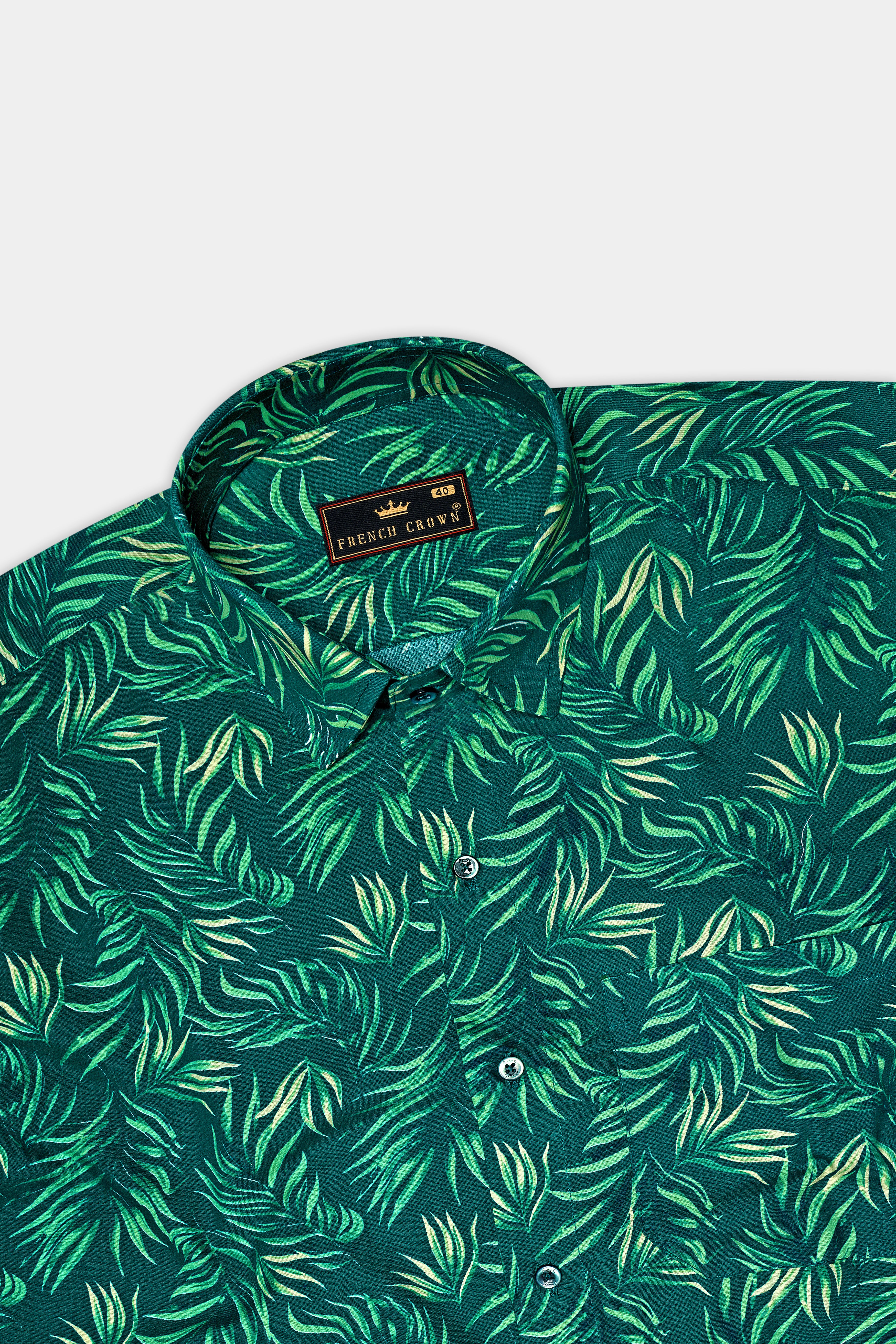 Cyprus Green with Multicolored Leaves Printed Premium Cotton Shirt