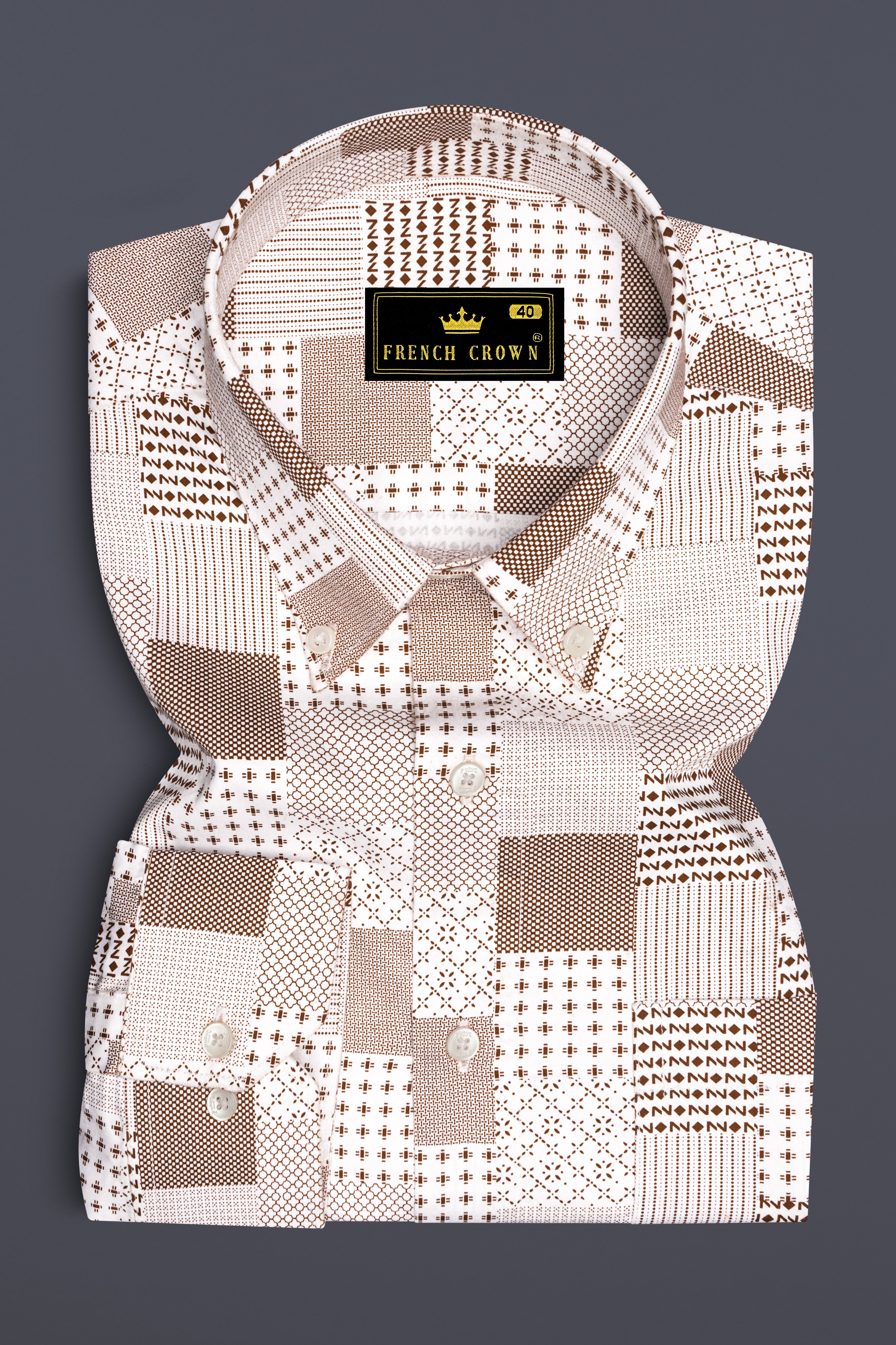 Bright White with Bronzetone Brown Square Printed Super Soft Premium Cotton Shirt