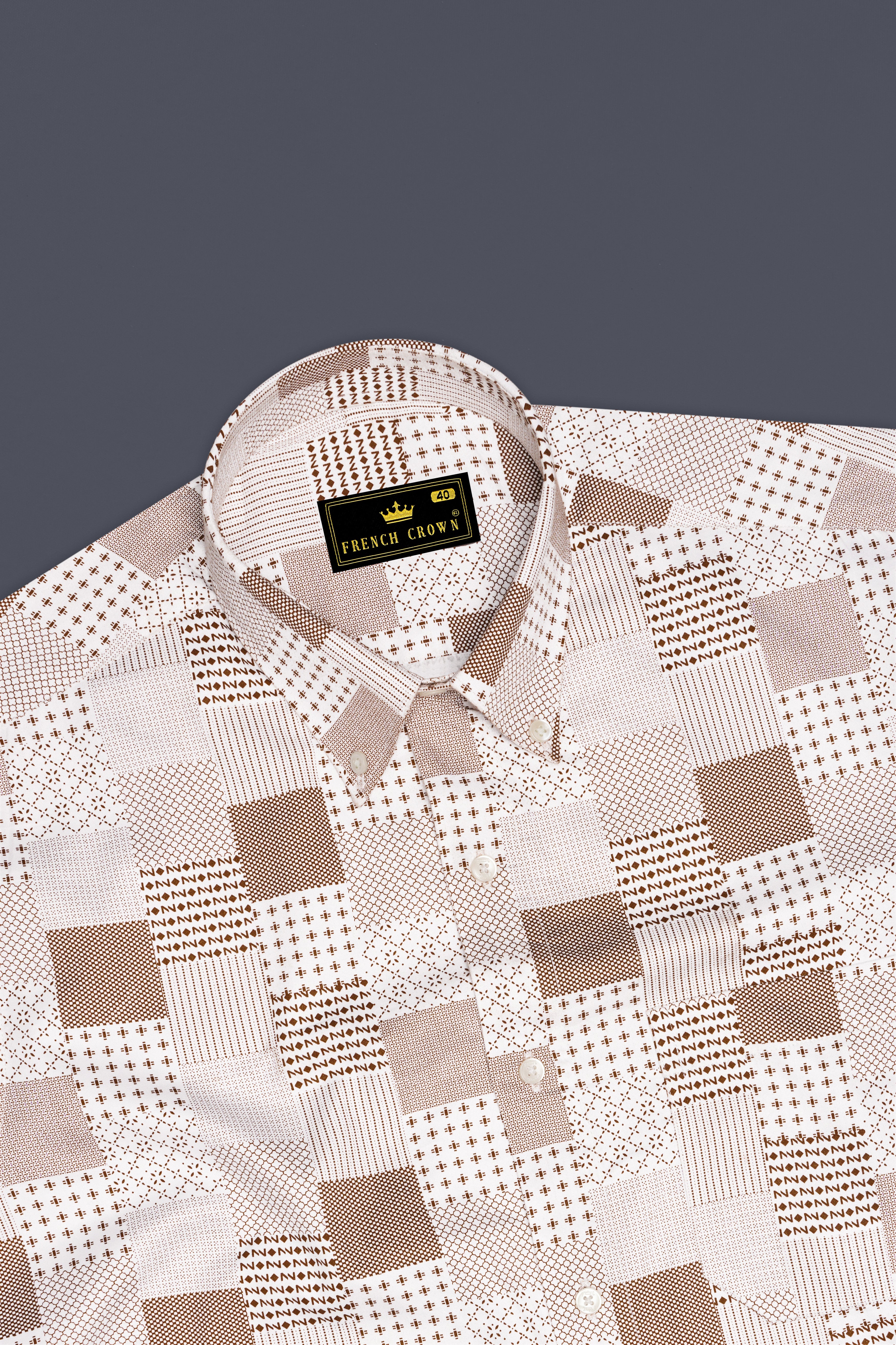 Bright White with Bronzetone Brown Square Printed Super Soft Premium Cotton Shirt
