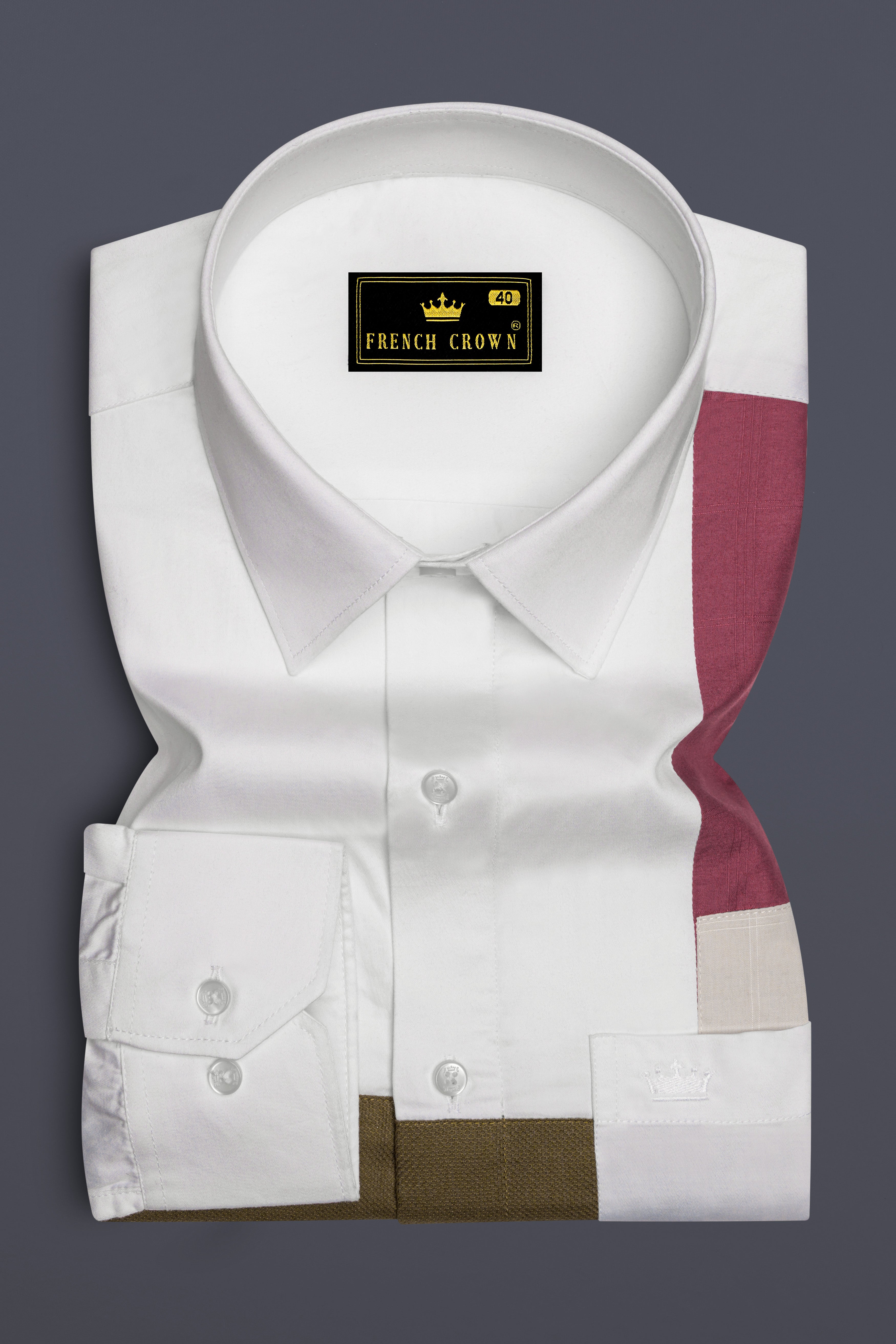 Bright White with Multicolor Patch Work Dobby Textured Premium Giza Cotton Designer Shirt