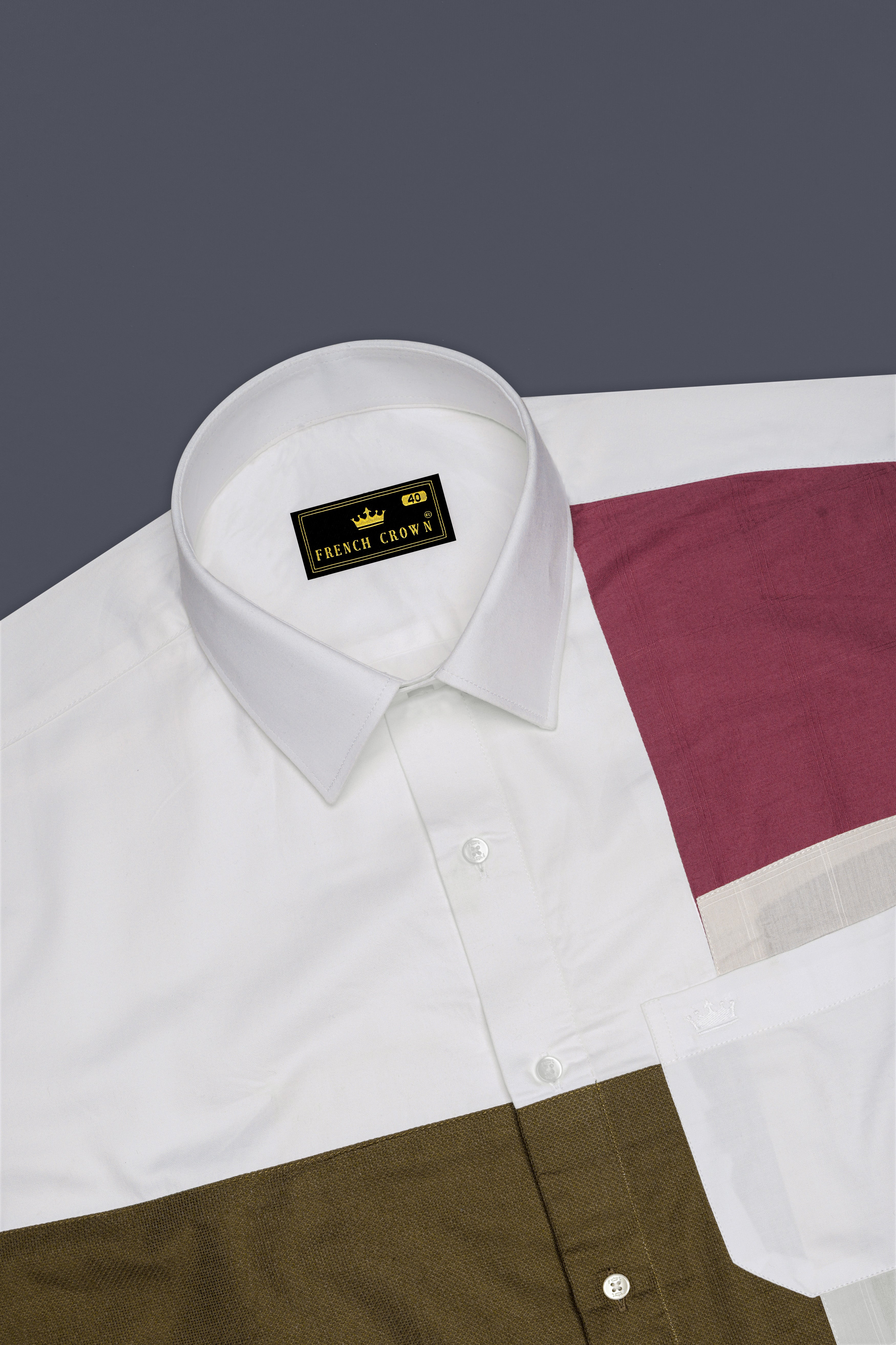 Bright White with Multicolor Patch Work Dobby Textured Premium Giza Cotton Designer Shirt