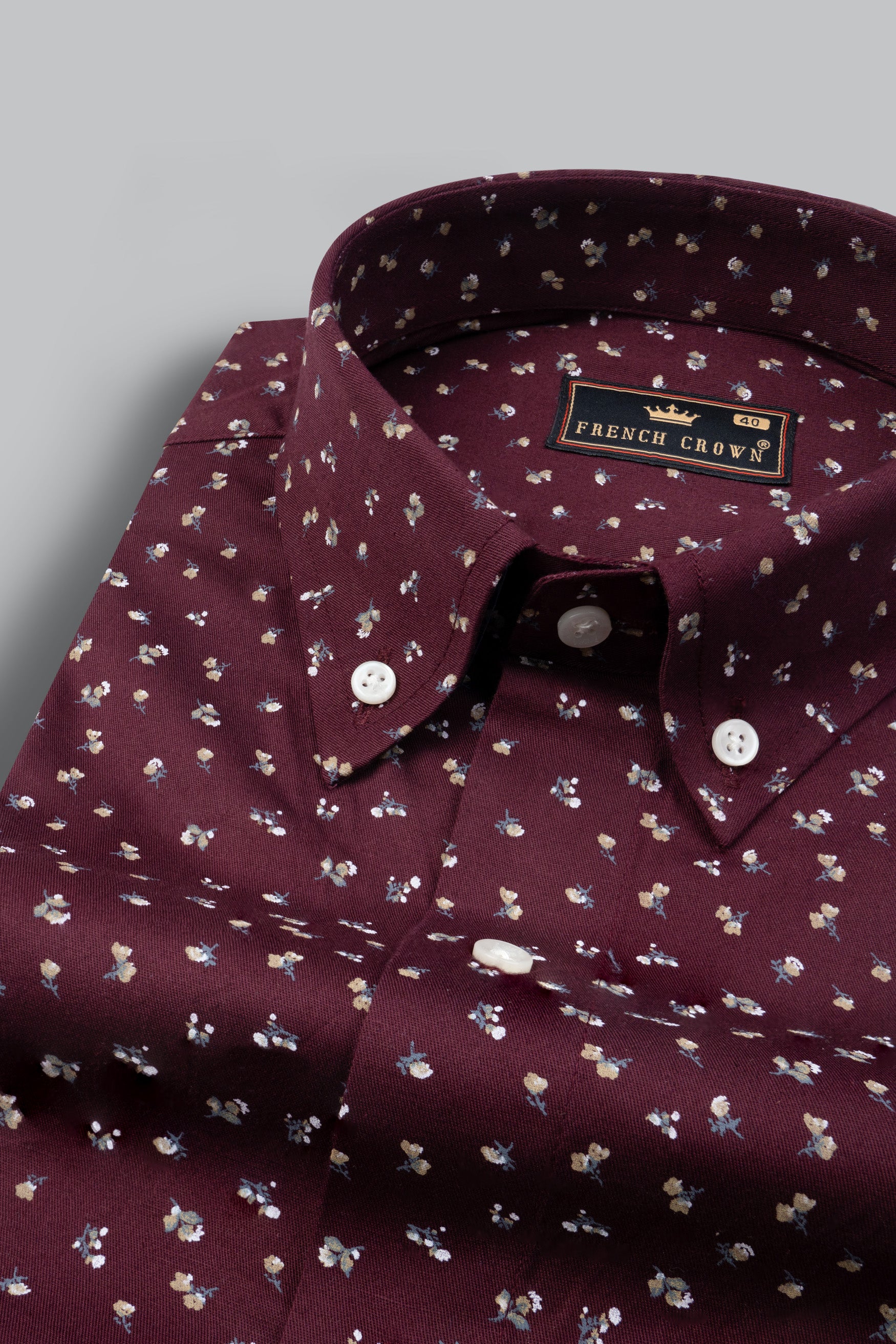 Wine Color with Ditsy Flower Printed Twill Premium Cotton Shirt