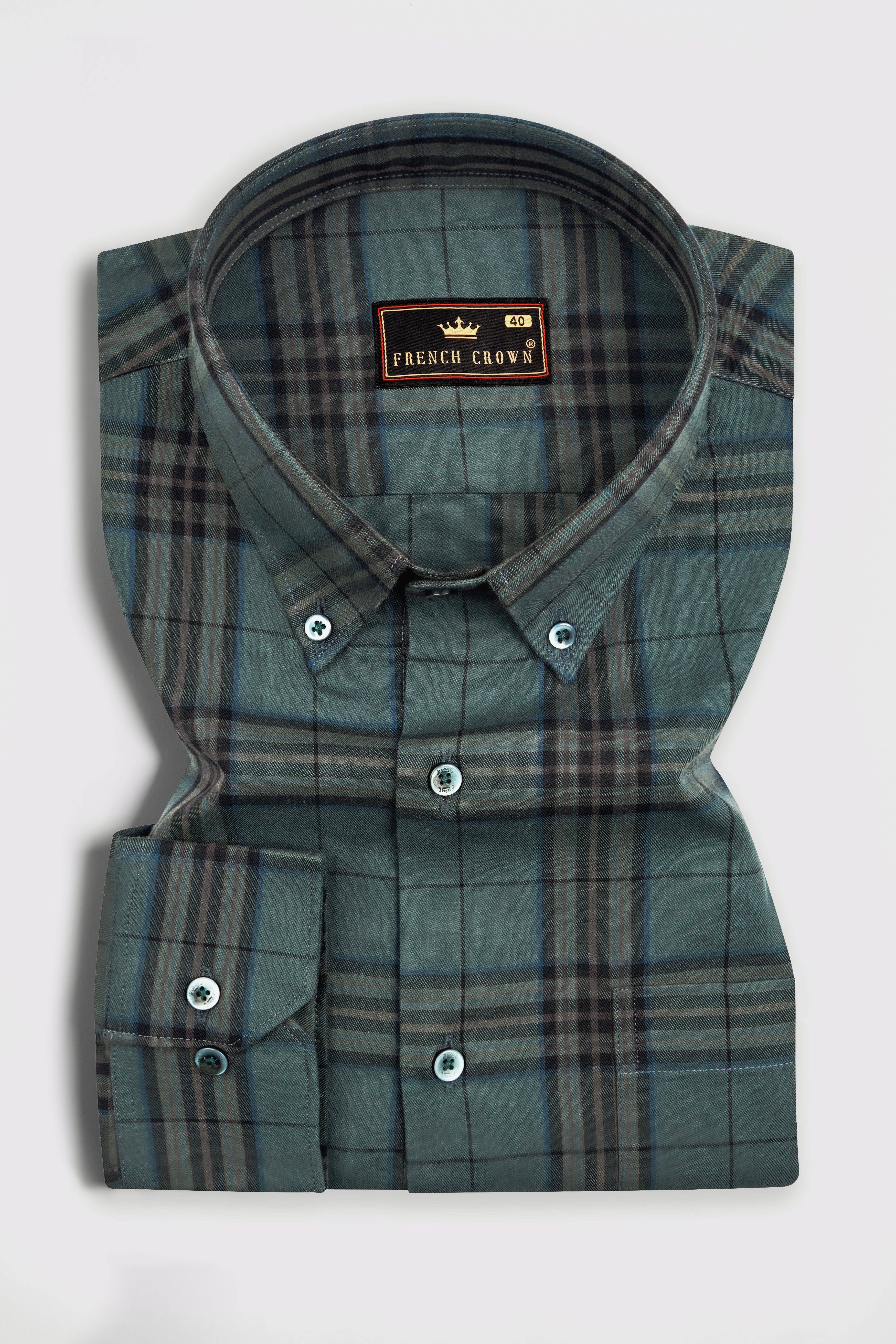 Nandor Green with Multicolor Plaid Textured Twill Premium Cotton Shirt
