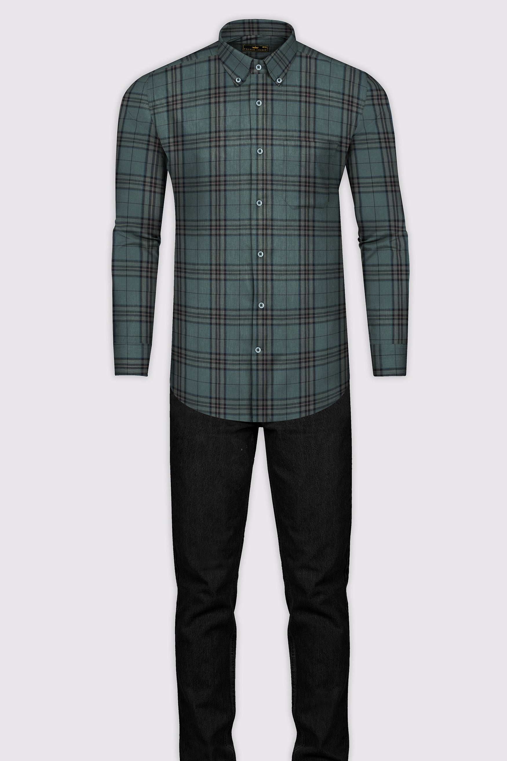 Nandor Green with Multicolor Plaid Textured Twill Premium Cotton Shirt