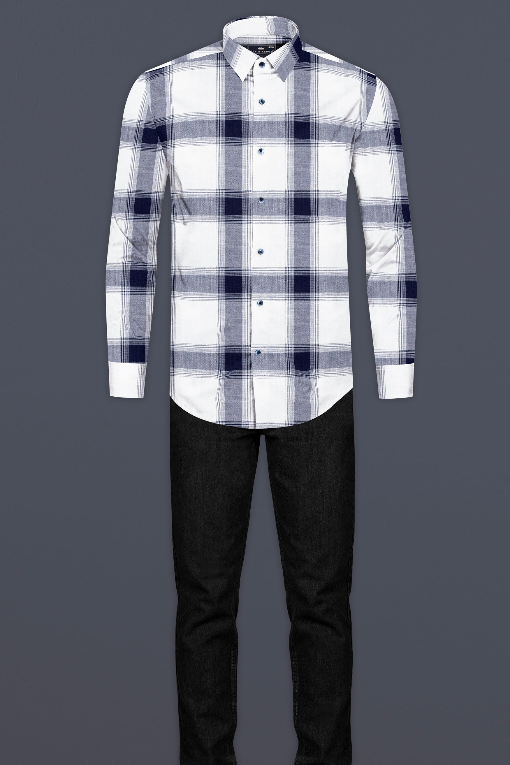 Bright White with Onyx Blue Plaid Twill Premium Cotton Shirt