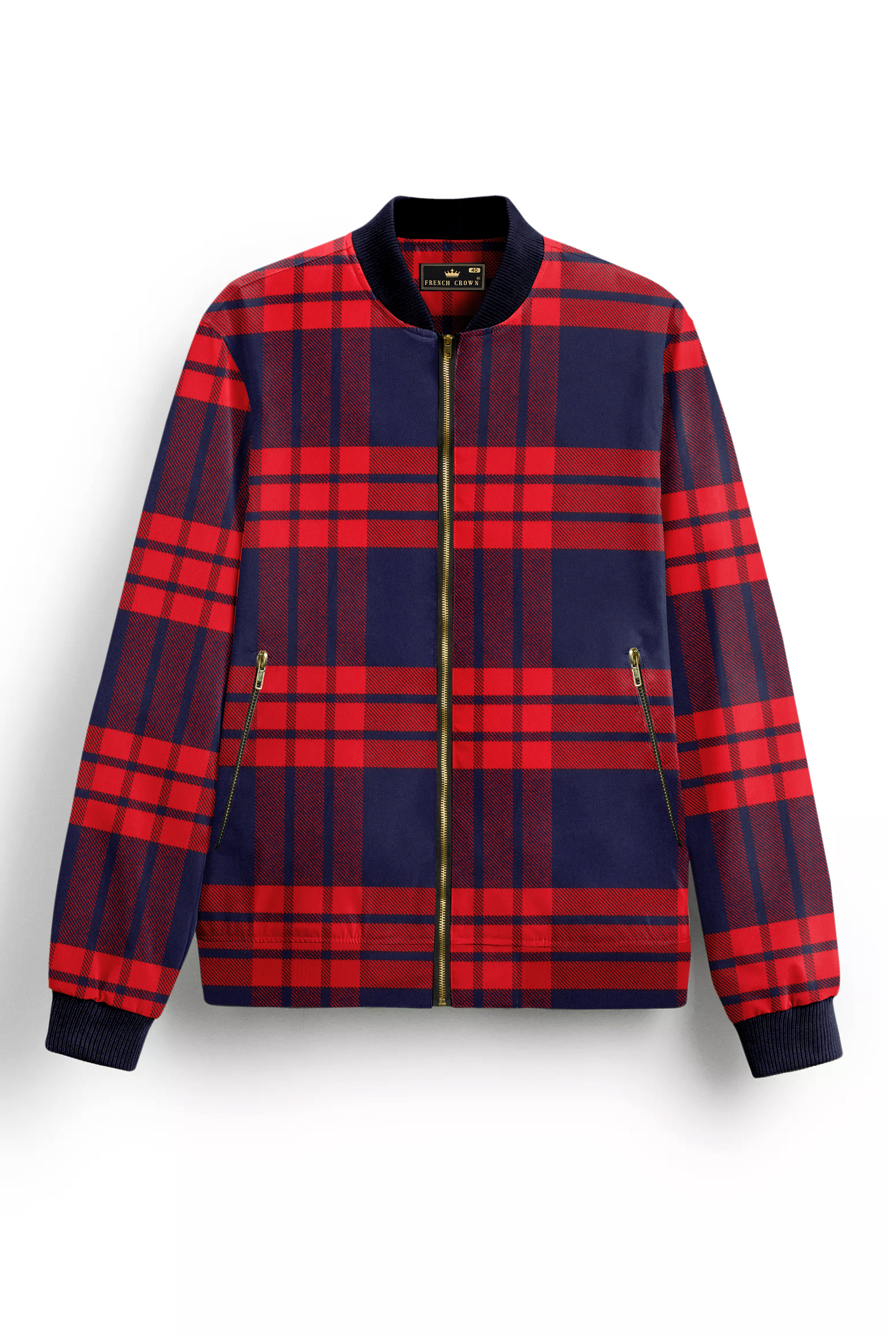 Tuna Blue and Crimson Red Checkered Flannel Bomber Jacket