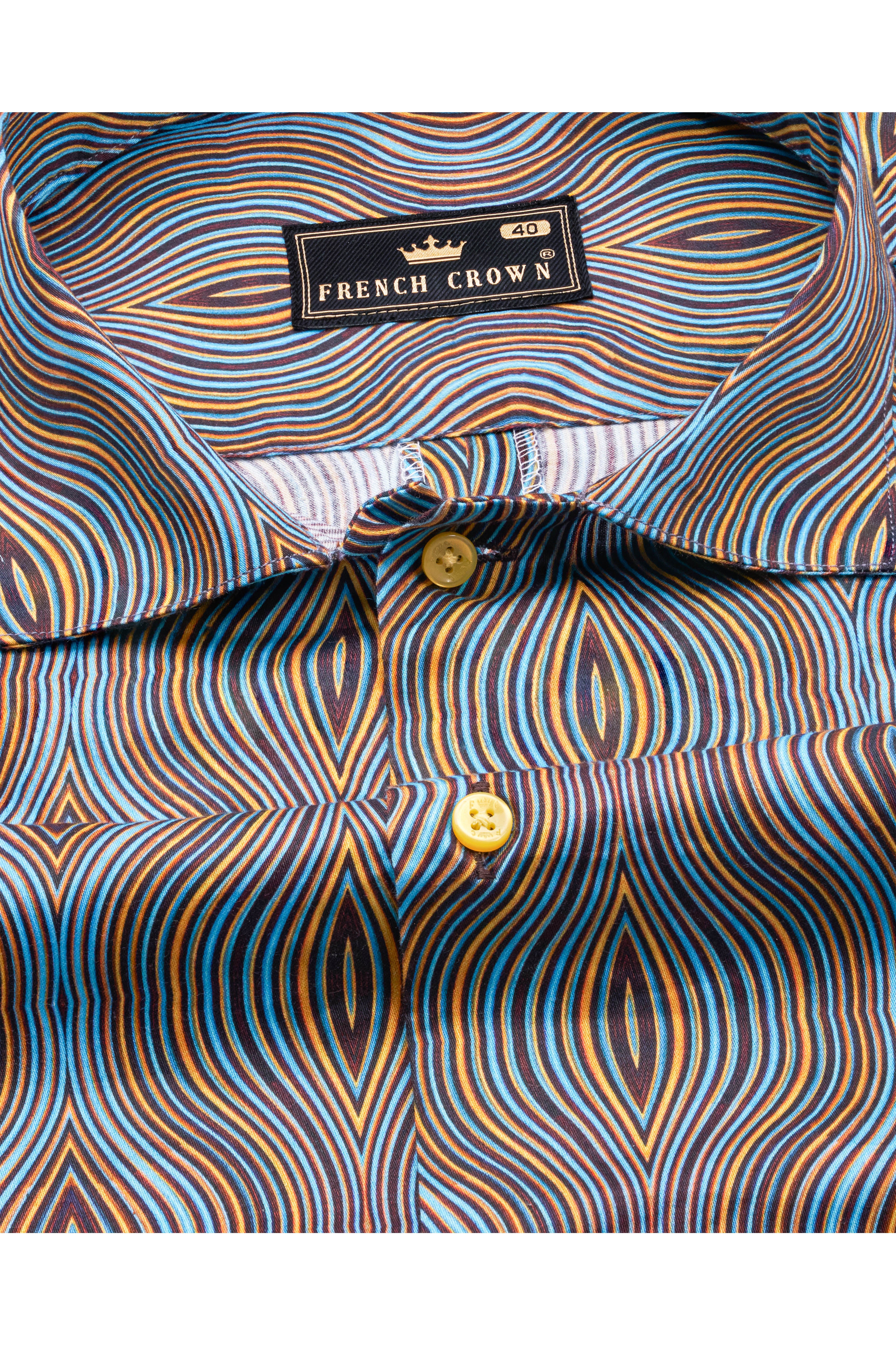 Turquoise Blue with Gorse Yellow and Cab Sav Maroon Waves Printed Super Soft Premium Cotton Shirt