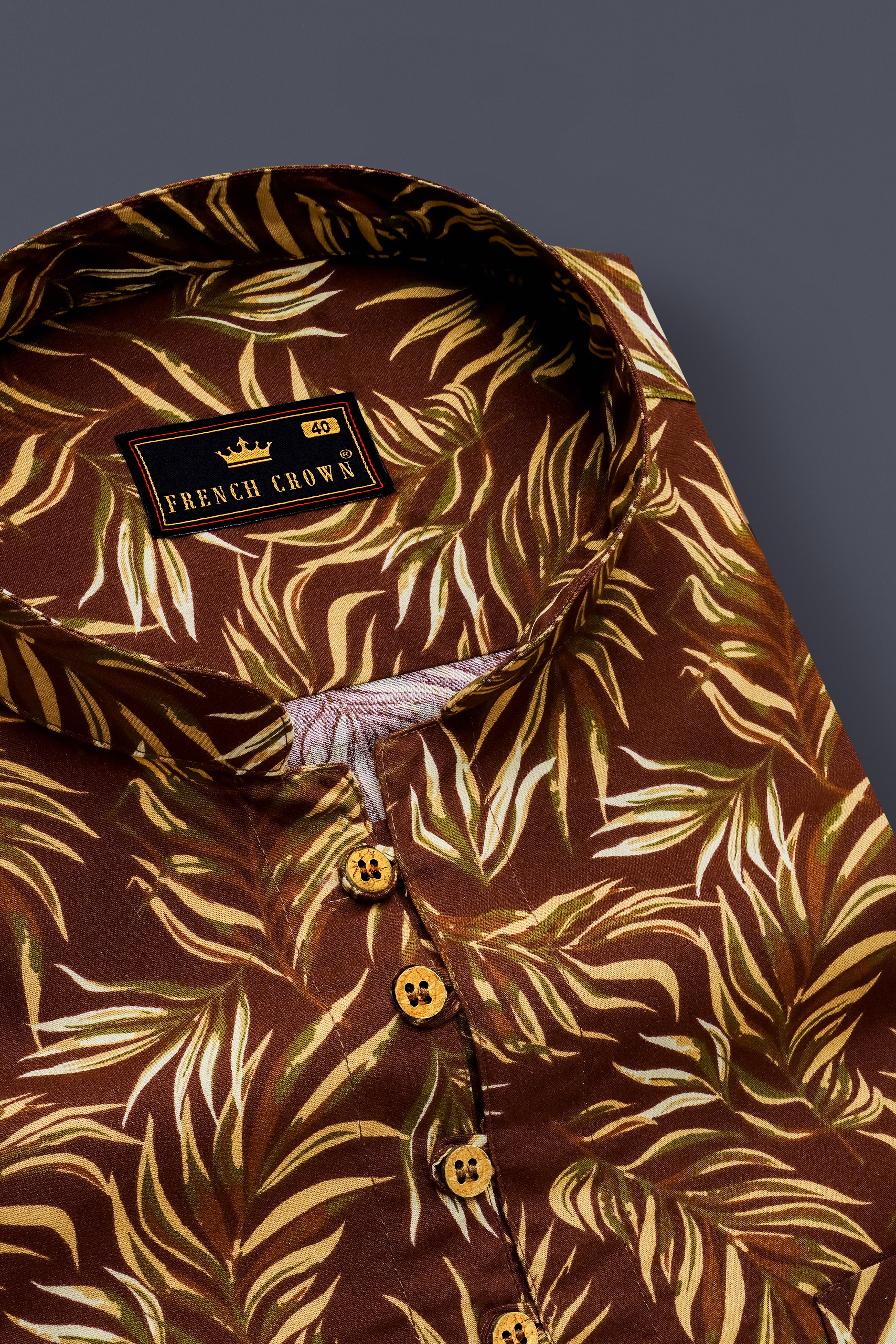 Bistre Brown Leaves Printed Twill Premium Cotton Kurta Shirt