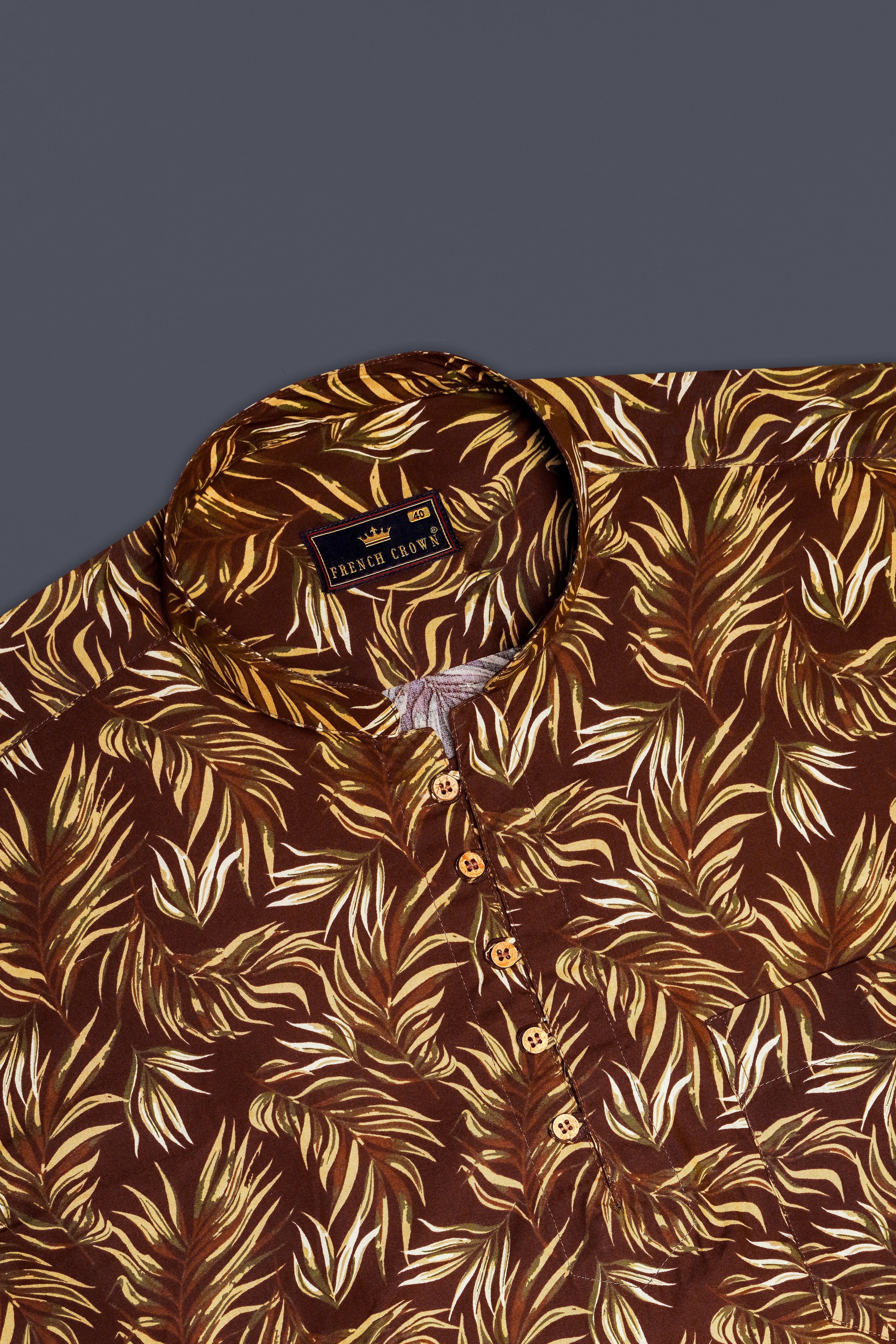 Bistre Brown Leaves Printed Twill Premium Cotton Kurta Shirt