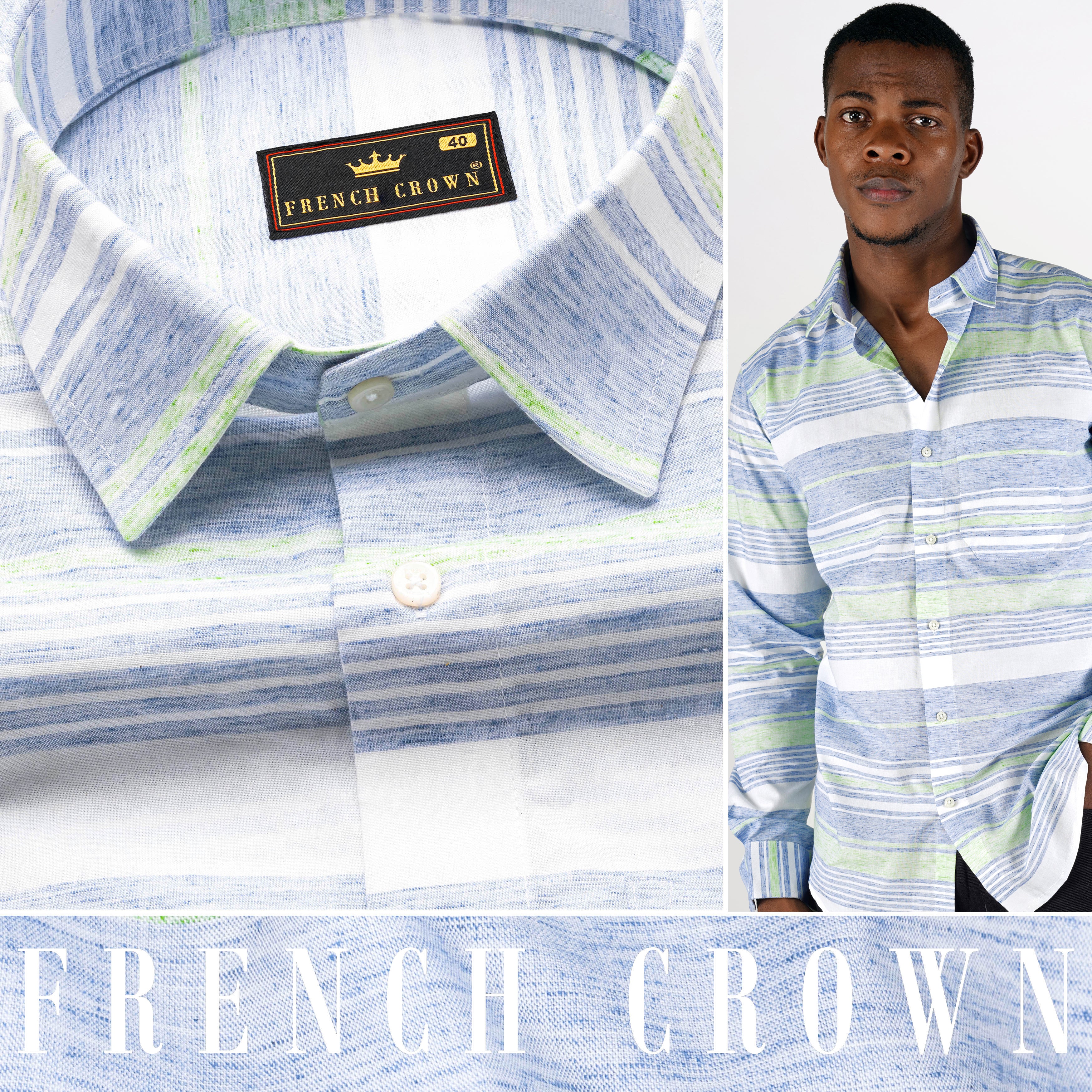 Bright White with Spindle Blue and Coriander Green Striped Premium Cotton Shirt