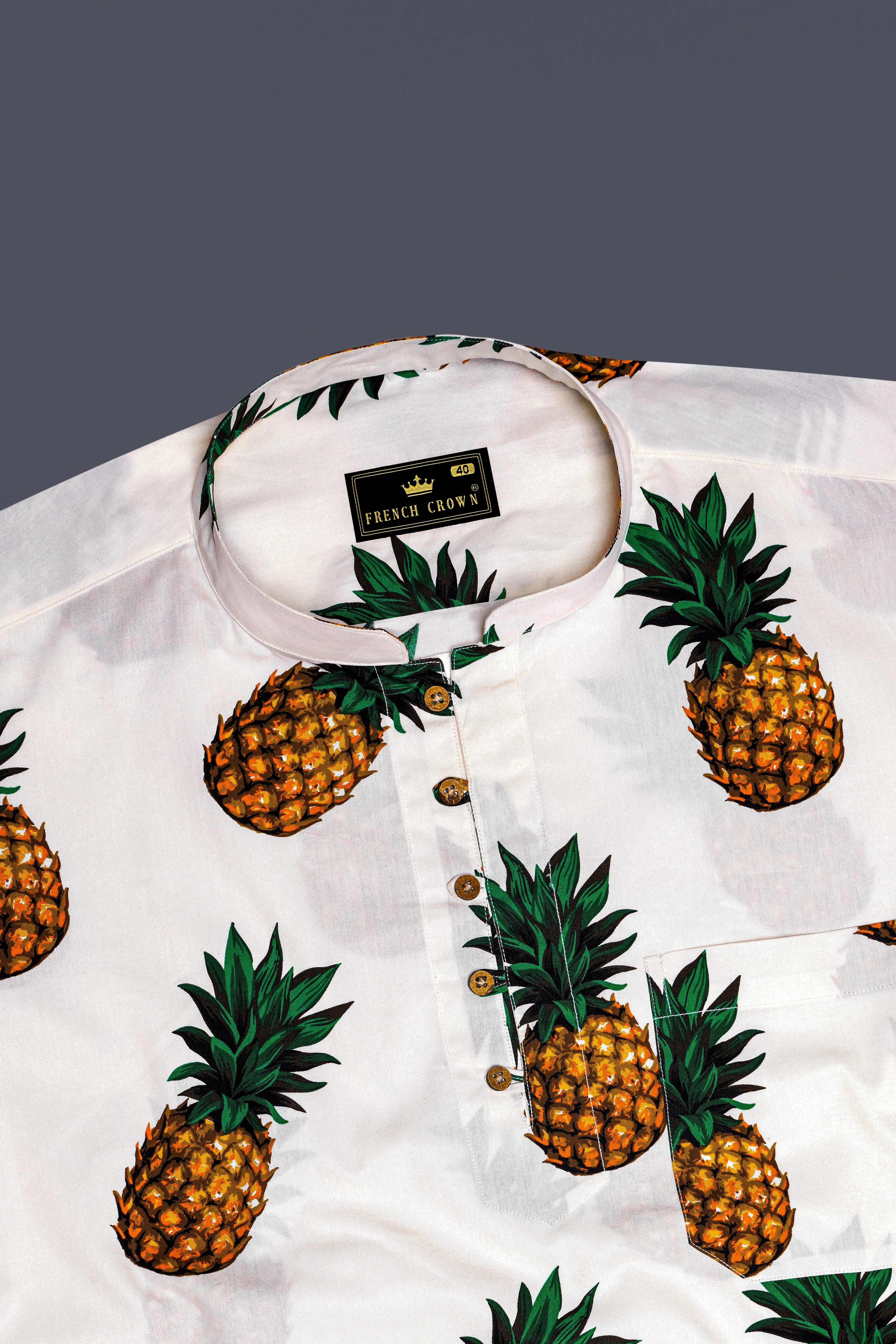 Off White Pineapple Printed Premium Cotton Kurta Shirt