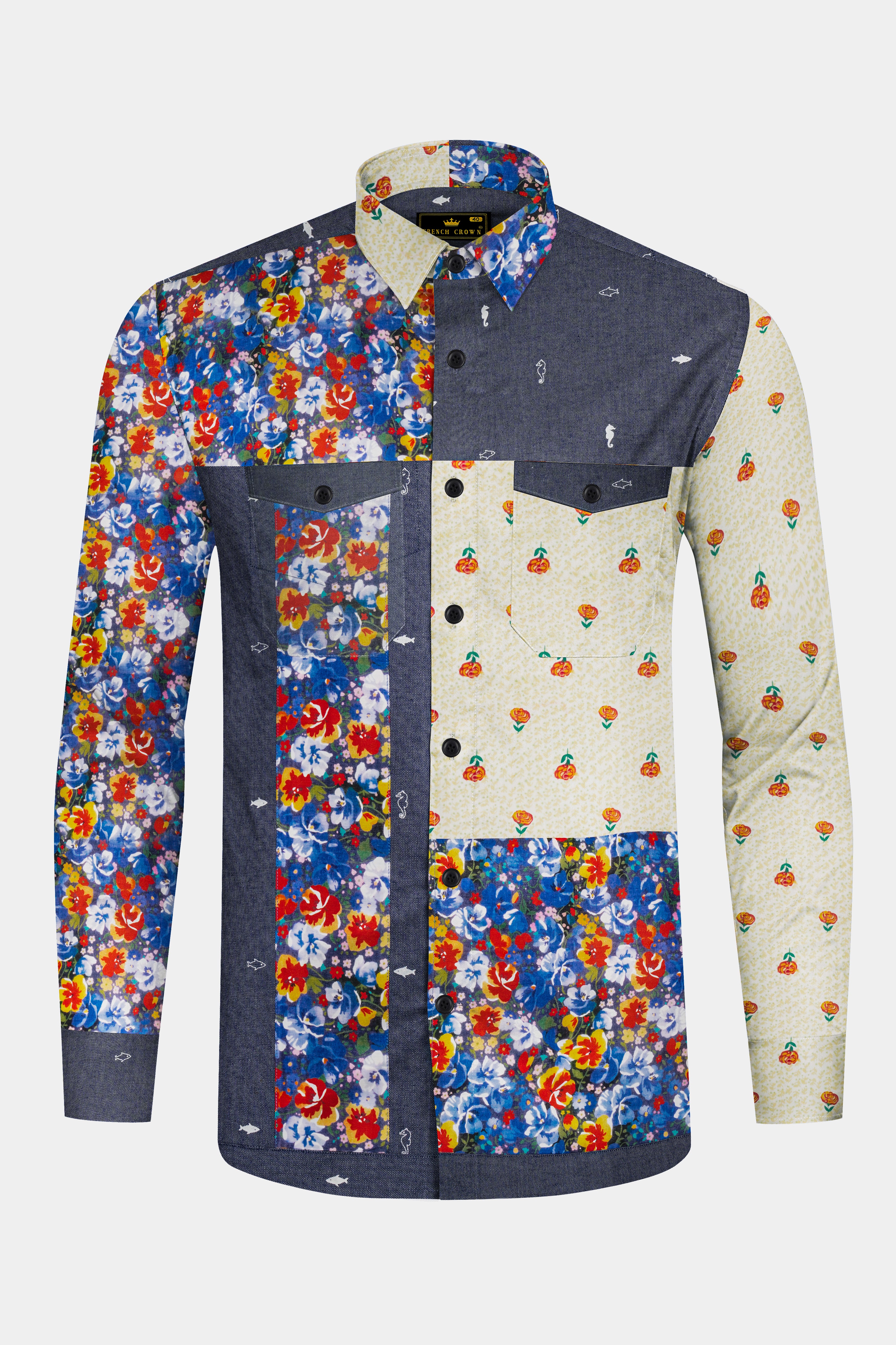 Neptune Blue with Amethyst Gray Floral Printed Denim Designer Shirt