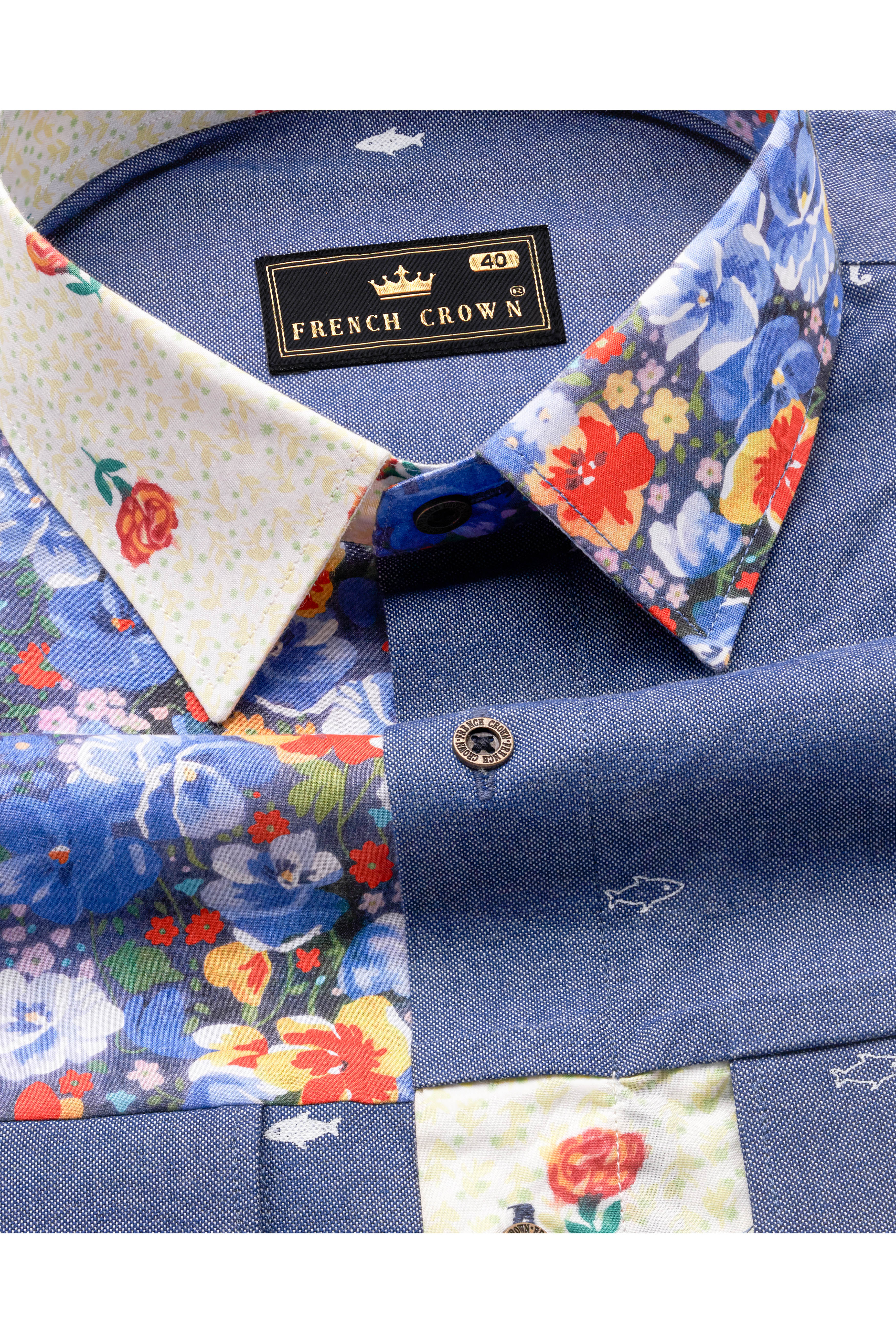 Neptune Blue with Amethyst Gray Floral Printed Denim Designer Shirt 10299-MB-P385-38, 10299-MB-P385-H-38, 10299-MB-P385-39, 10299-MB-P385-H-39, 10299-MB-P385-40, 10299-MB-P385-H-40, 10299-MB-P385-42, 10299-MB-P385-H-42, 10299-MB-P385-44, 10299-MB-P385-H-44, 10299-MB-P385-46, 10299-MB-P385-H-46, 10299-MB-P385-48, 10299-MB-P385-H-48, 10299-MB-P385-50, 10299-MB-P385-H-50, 10299-MB-P385-52, 10299-MB-P385-H-52