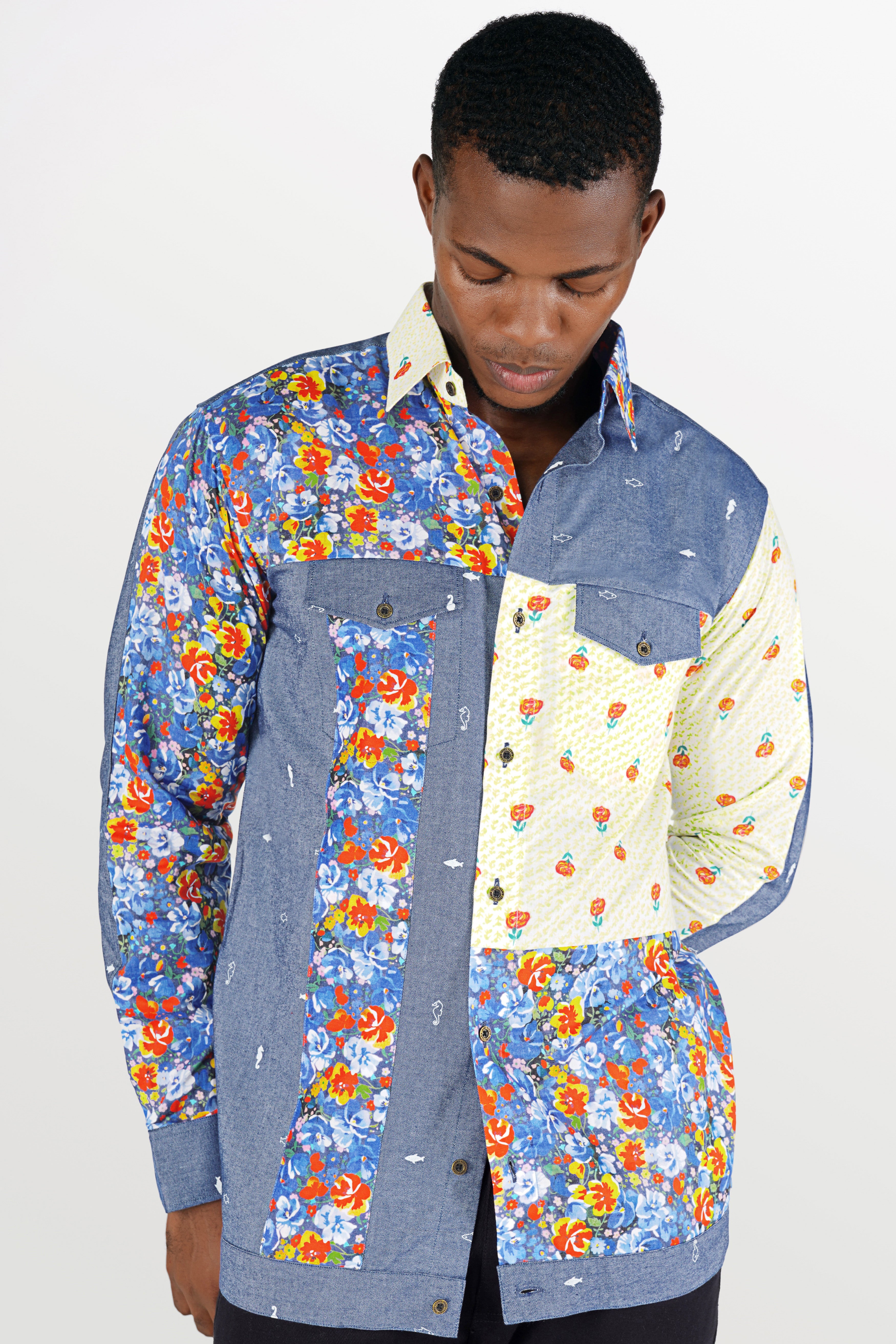 Neptune Blue with Amethyst Gray Floral Printed Denim Designer Shirt 10299-MB-P385-38, 10299-MB-P385-H-38, 10299-MB-P385-39, 10299-MB-P385-H-39, 10299-MB-P385-40, 10299-MB-P385-H-40, 10299-MB-P385-42, 10299-MB-P385-H-42, 10299-MB-P385-44, 10299-MB-P385-H-44, 10299-MB-P385-46, 10299-MB-P385-H-46, 10299-MB-P385-48, 10299-MB-P385-H-48, 10299-MB-P385-50, 10299-MB-P385-H-50, 10299-MB-P385-52, 10299-MB-P385-H-52